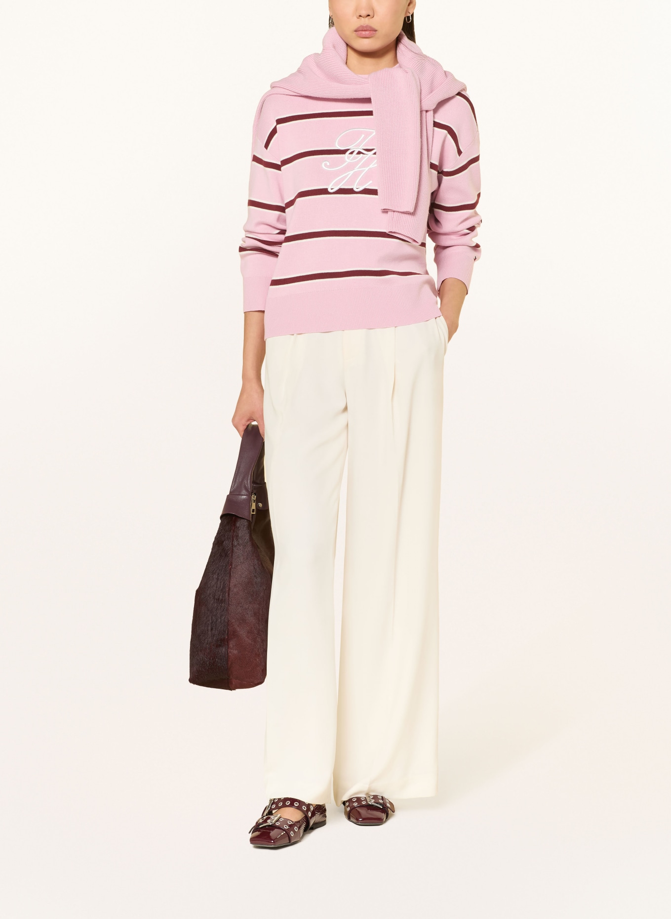 TOMMY HILFIGER svetr: RŮŽOVÁ / TMAVĚ ČERVENÁ / BÍLÁ