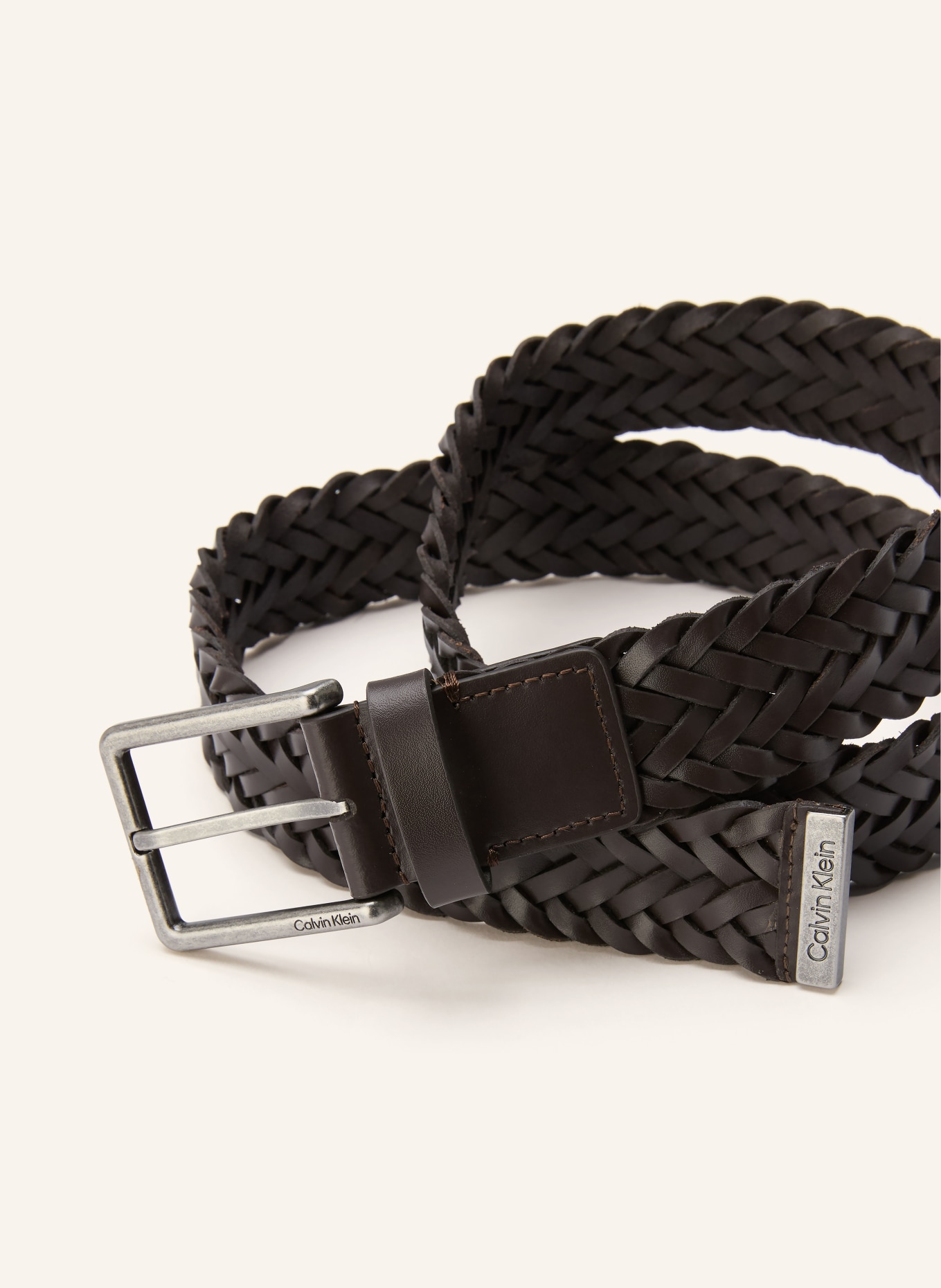 Calvin Klein Braided leather belt: DARK BROWN / SILVER