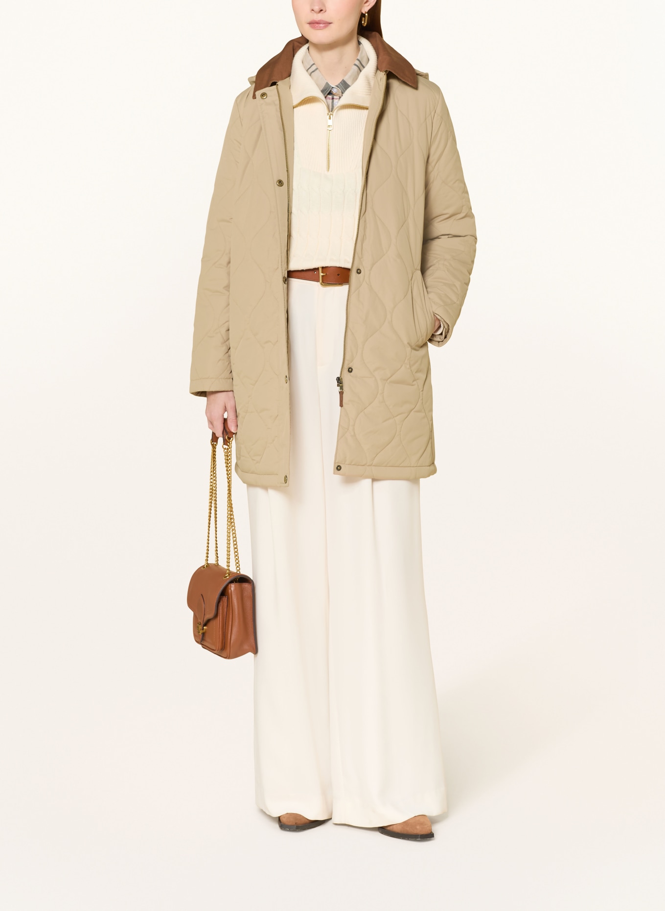 LAUREN RALPH LAUREN Steppmantel mit abnehmbarer Kapuze: CAMEL / BRAUN