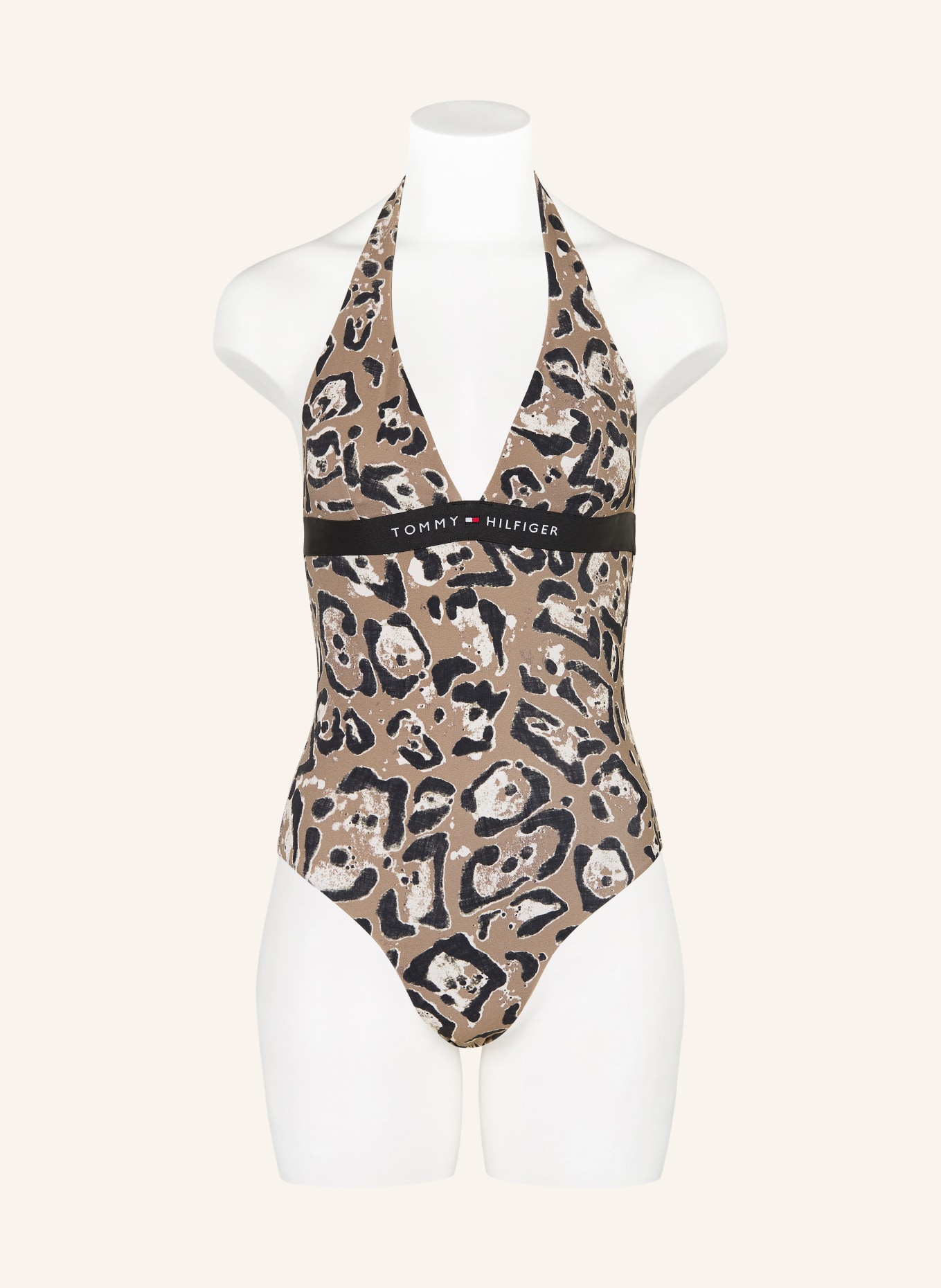 TOMMY HILFIGER Strój kąpielowy z wiązaniem na szyi: SZAROBRĄZOWY / BIAŁY / CZARNY