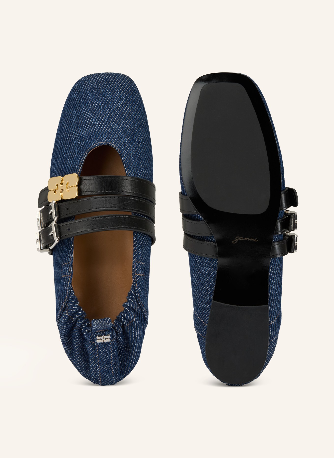 GANNI Mary-Jane-Ballerinas SUE: DUNKELBLAU / SCHWARZ