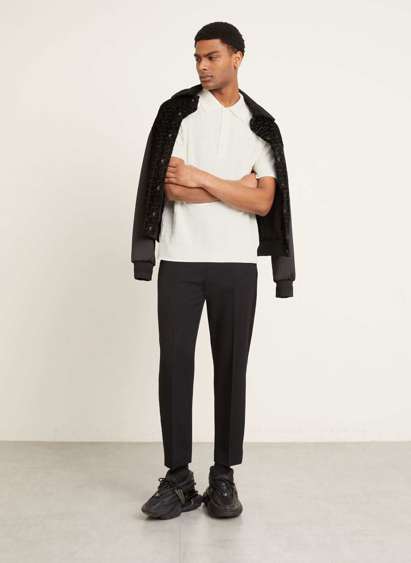 BALMAIN Knitted polo shirt with linen: ECRU