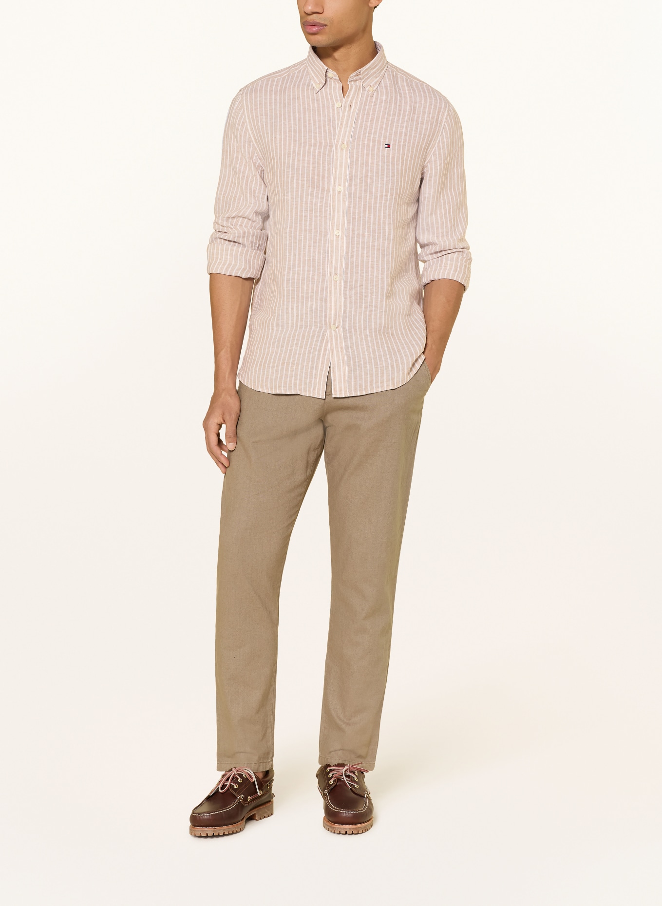 TOMMY HILFIGER Leinenhemd Regular Fit: BEIGE / WEISS