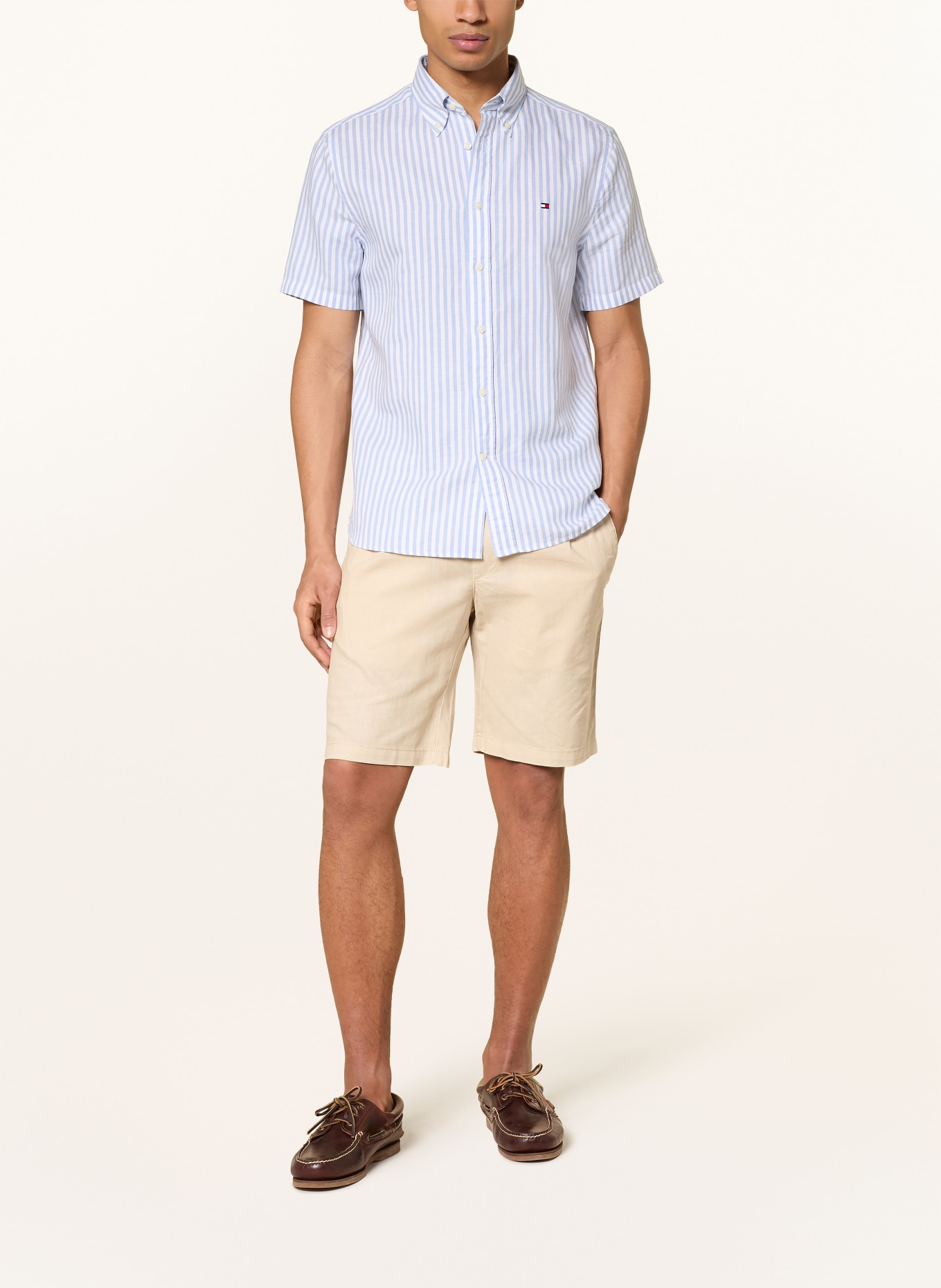 TOMMY HILFIGER Koszula z krótkim rękawem Regular Fit z lnem: JASNONIEBIESKI / BIAŁY