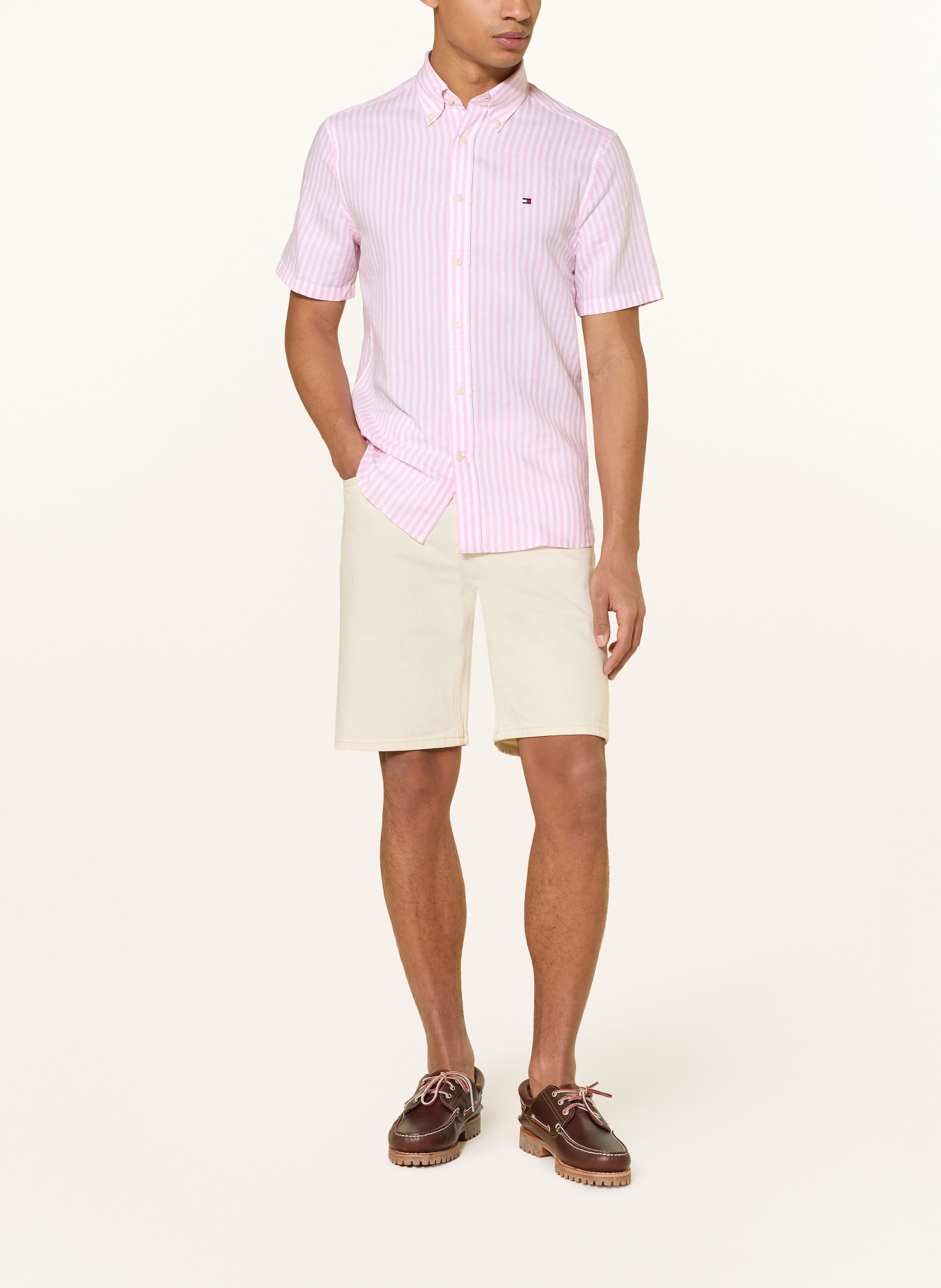 TOMMY HILFIGER Kurzarm-Hemd Regular Fit mit Leinen: ROSA / WEISS