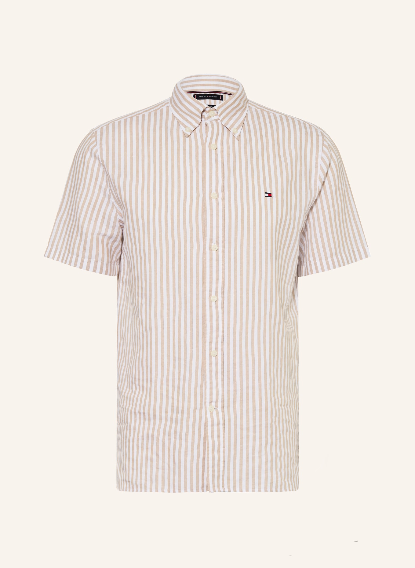 TOMMY HILFIGER Kurzarm-Hemd Regular Fit mit Leinen: BEIGE / WEISS