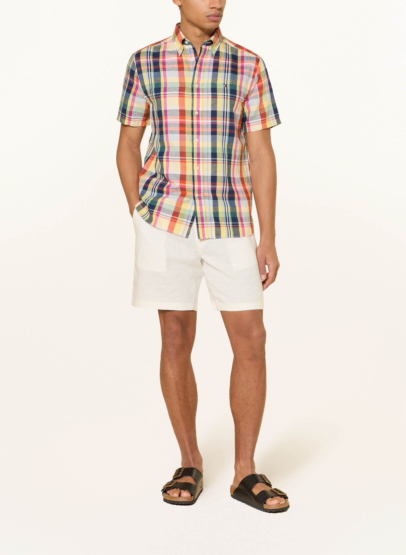 TOMMY HILFIGER Koszula z krótkim rękawem Regular Fit z lnem: POMARAŃCZOWY / MOCNORÓŻOWY / ŻÓŁTY