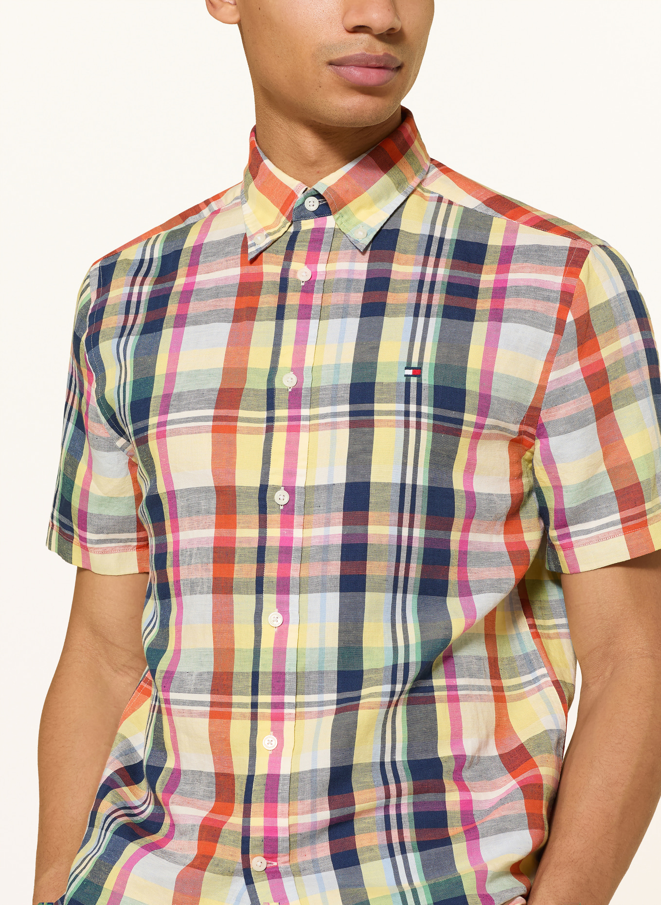 TOMMY HILFIGER Koszula z krótkim rękawem Regular Fit z lnem: POMARAŃCZOWY / MOCNORÓŻOWY / ŻÓŁTY