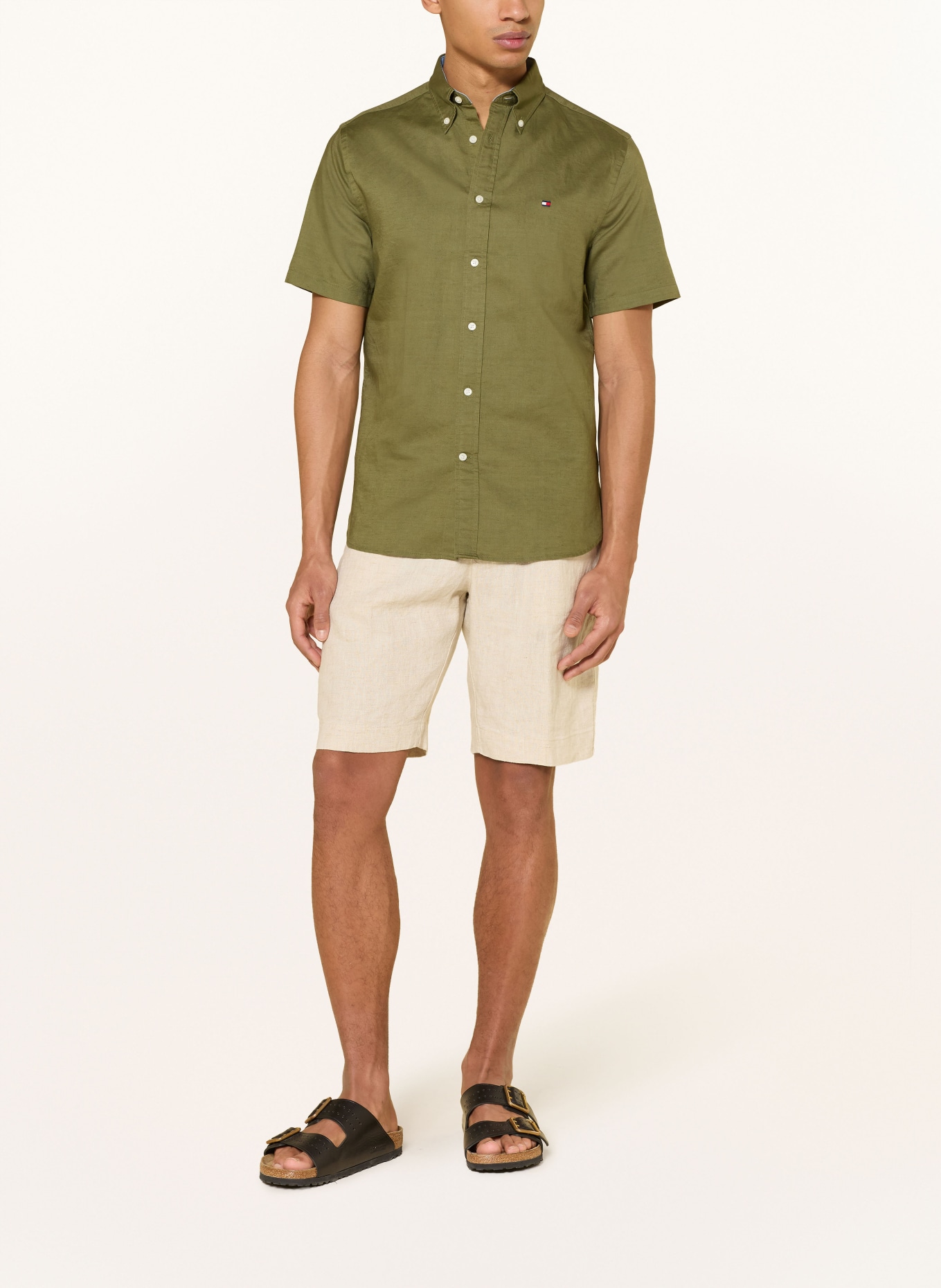 TOMMY HILFIGER Košile s krátkým rukávem Regular Fit s lnem: OLIVOVÁ