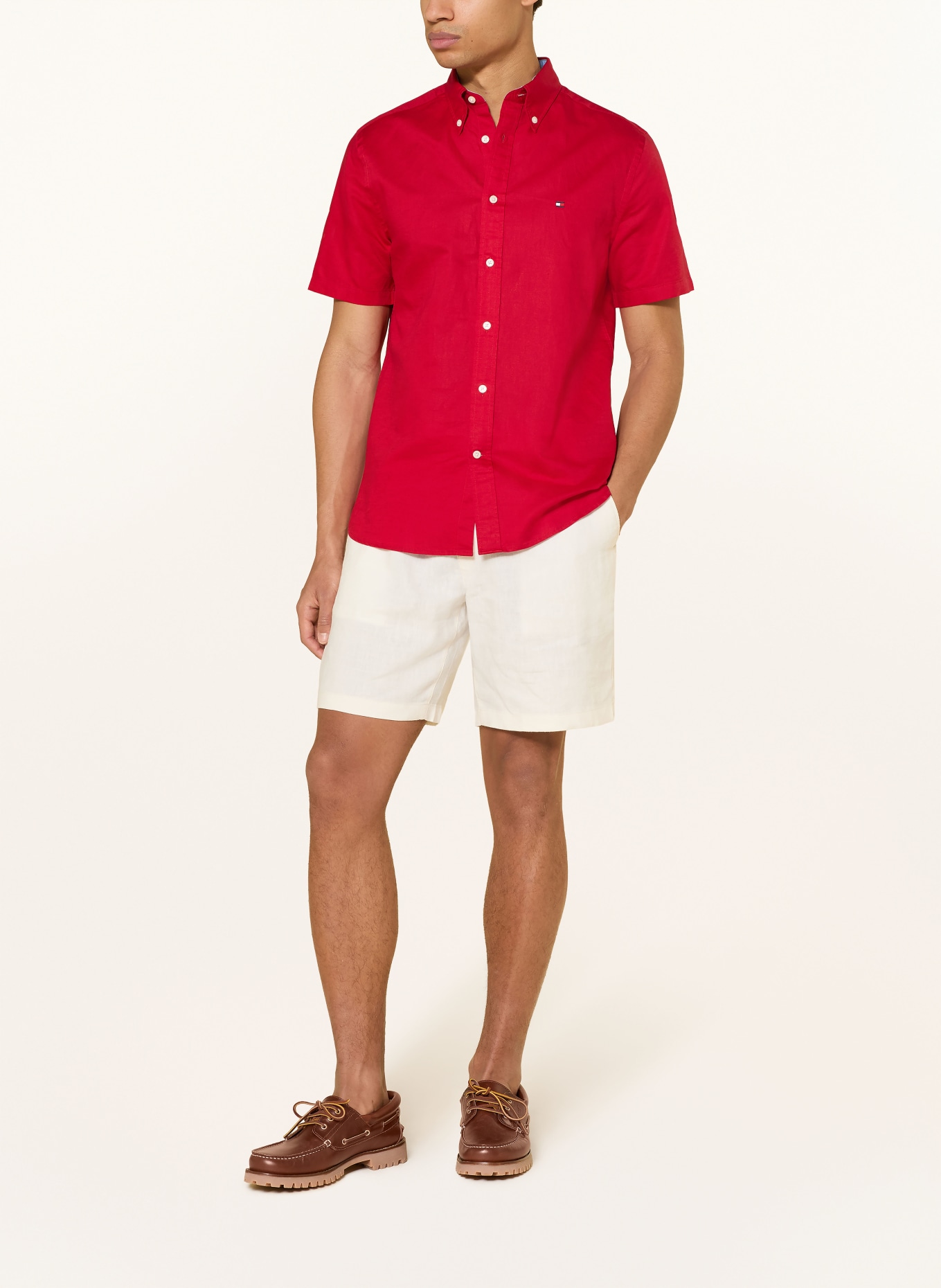 TOMMY HILFIGER Košile s krátkým rukávem Regular Fit s lnem: ČERVENÁ