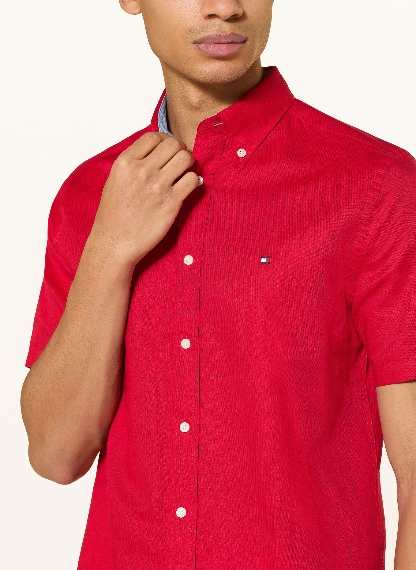 TOMMY HILFIGER Košile s krátkým rukávem Regular Fit s lnem: ČERVENÁ