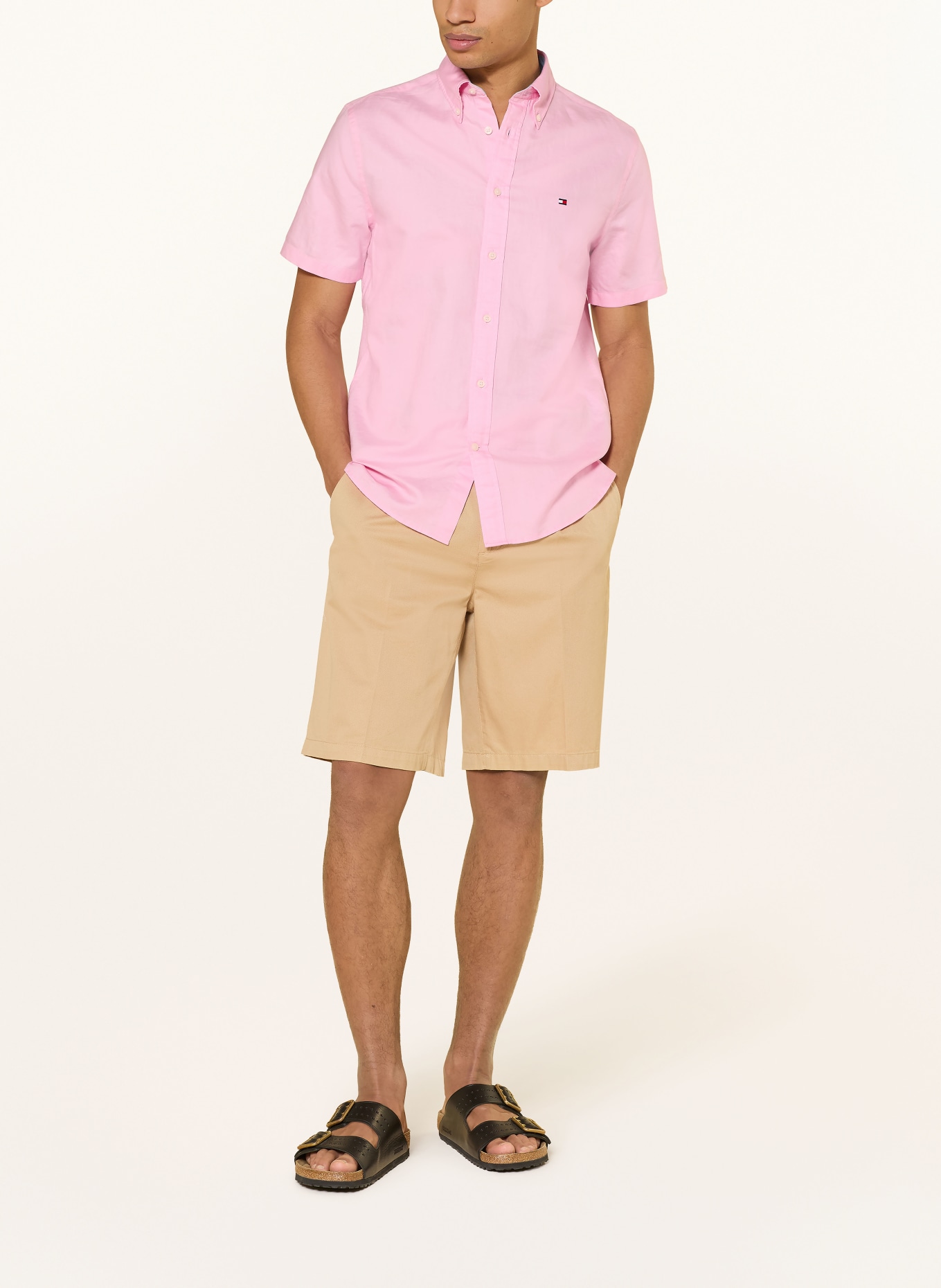 TOMMY HILFIGER Košile s krátkým rukávem Regular Fit s lnem: RŮŽOVÁ