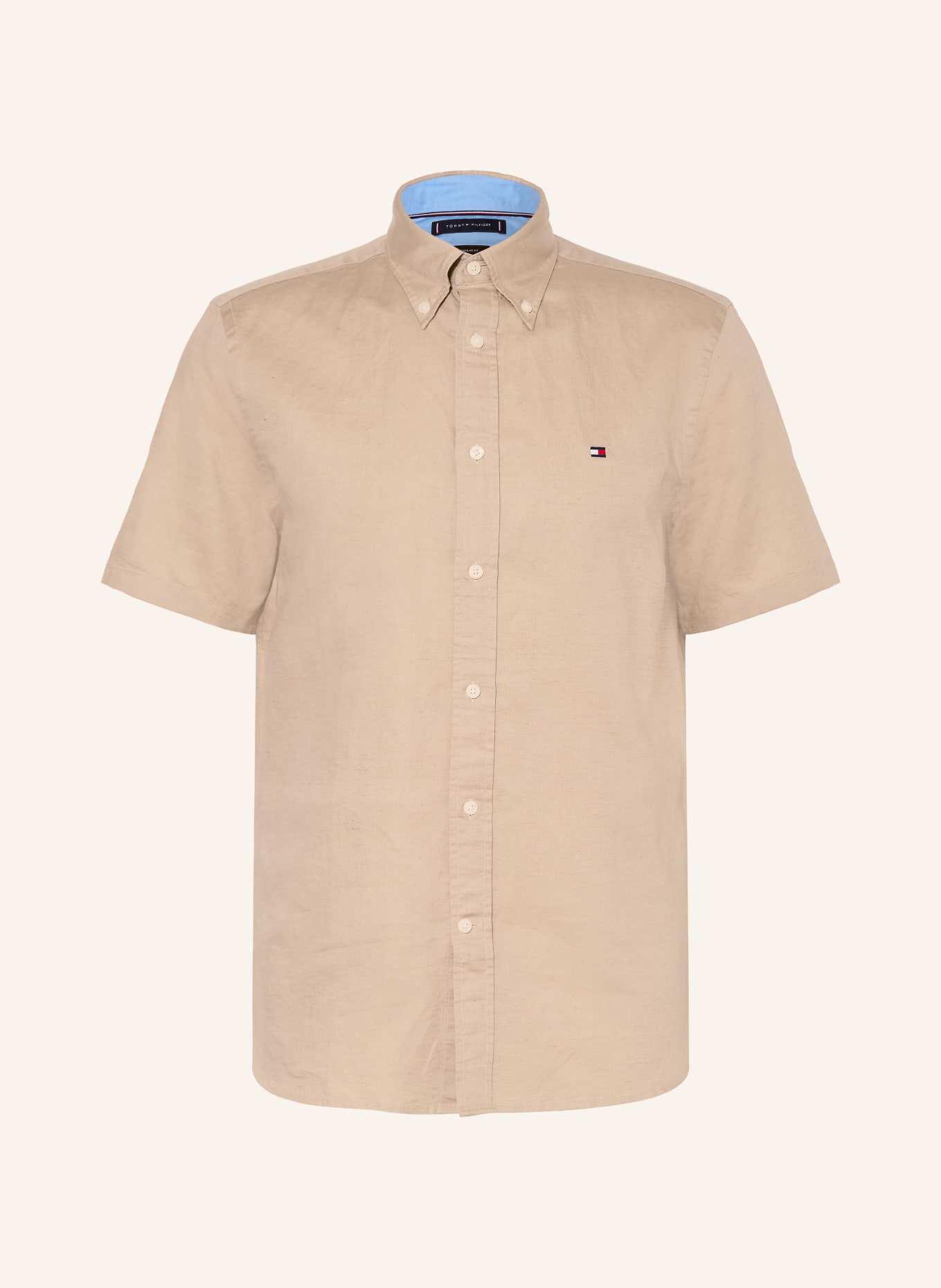 TOMMY HILFIGER Korte mouwen overhemd Regular Fit met linnen: LICHTBRUIN