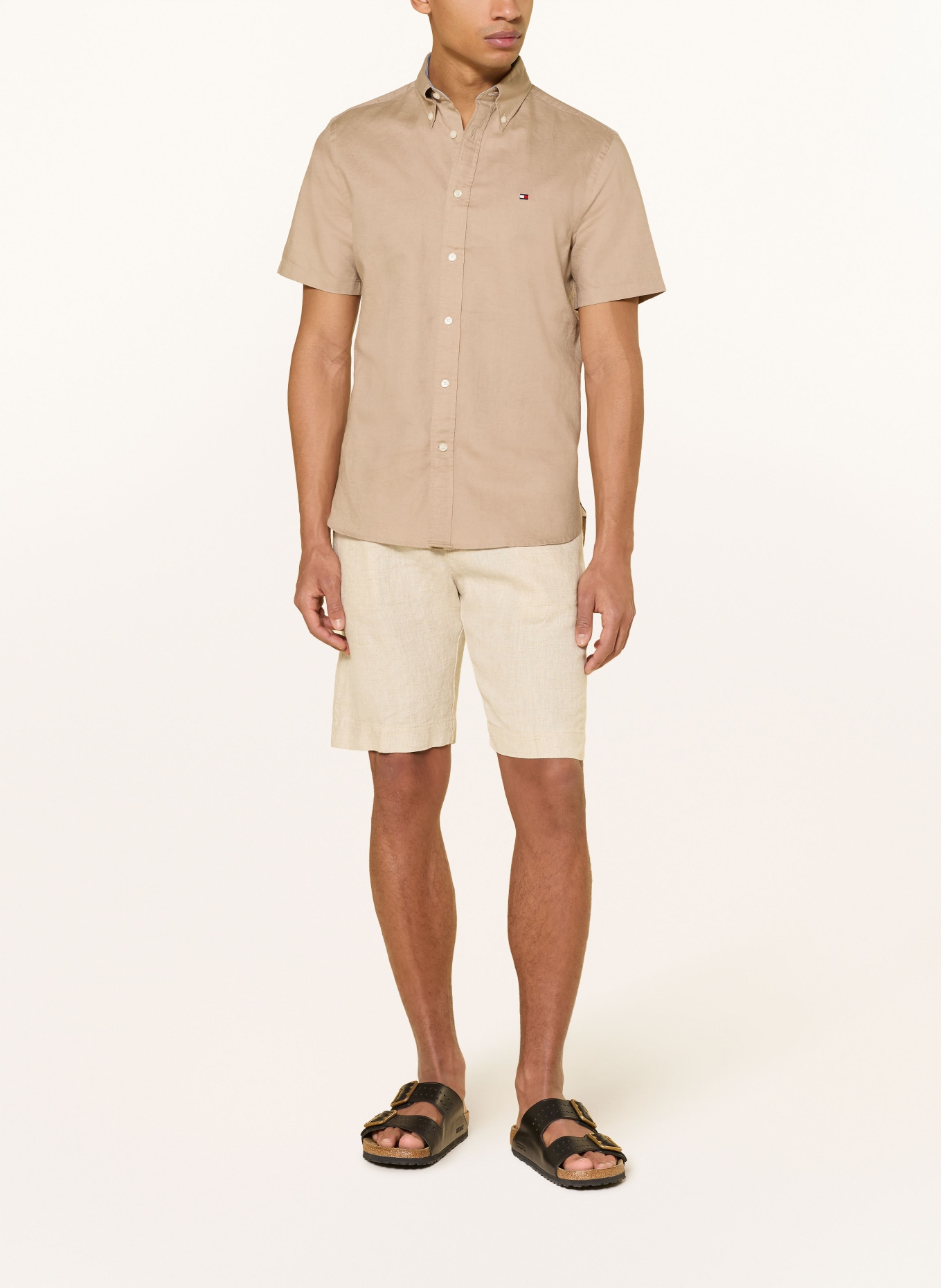 TOMMY HILFIGER Korte mouwen overhemd Regular Fit met linnen: LICHTBRUIN