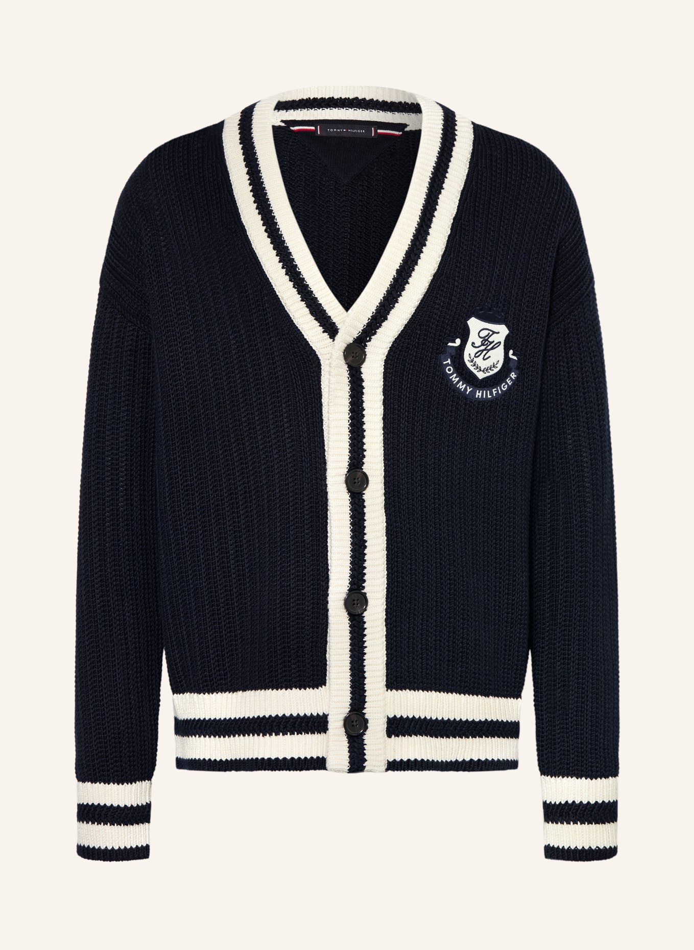 TOMMY HILFIGER Strickjacke: DUNKELBLAU / WEISS