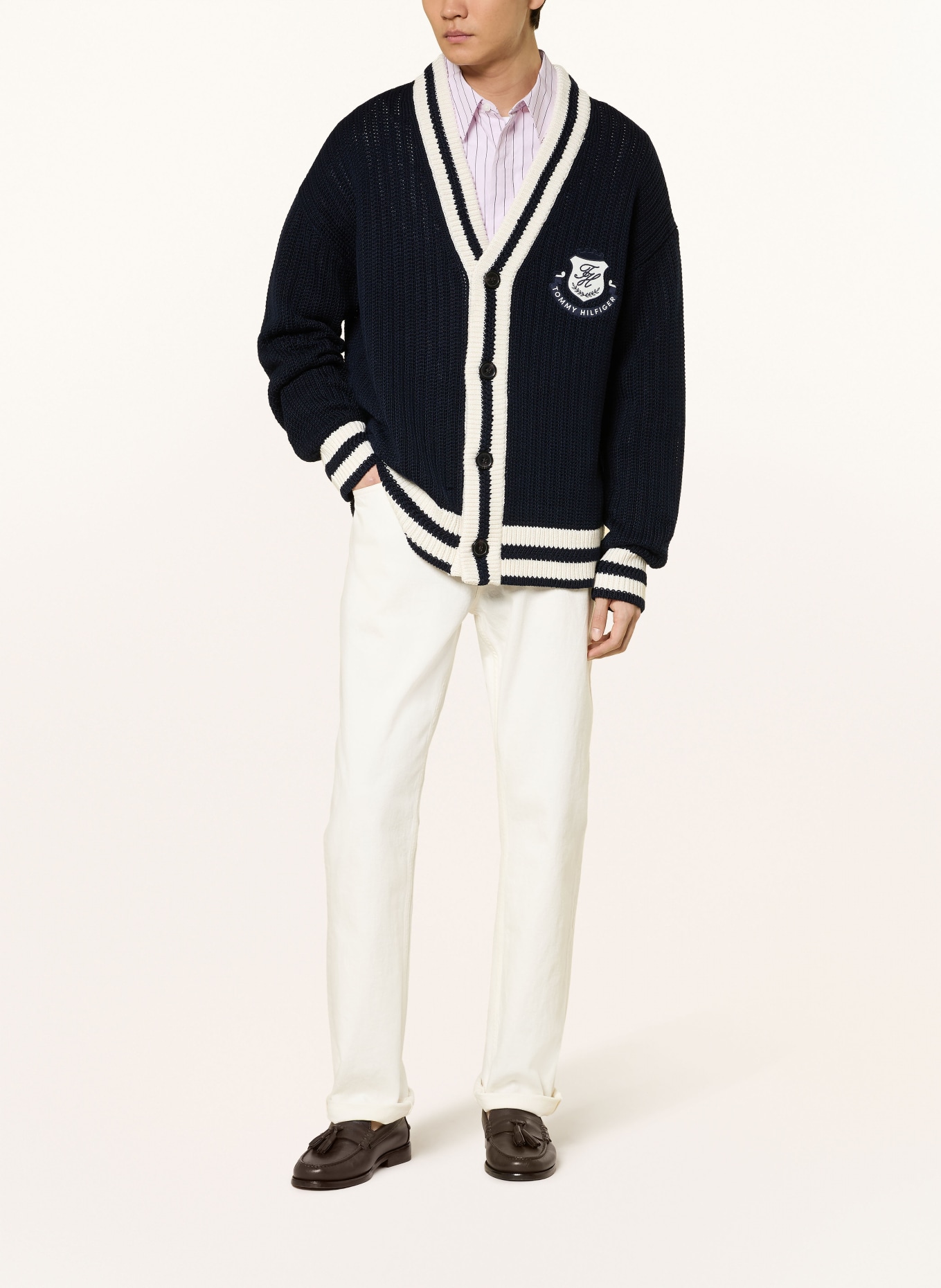 TOMMY HILFIGER Strickjacke: DUNKELBLAU / WEISS