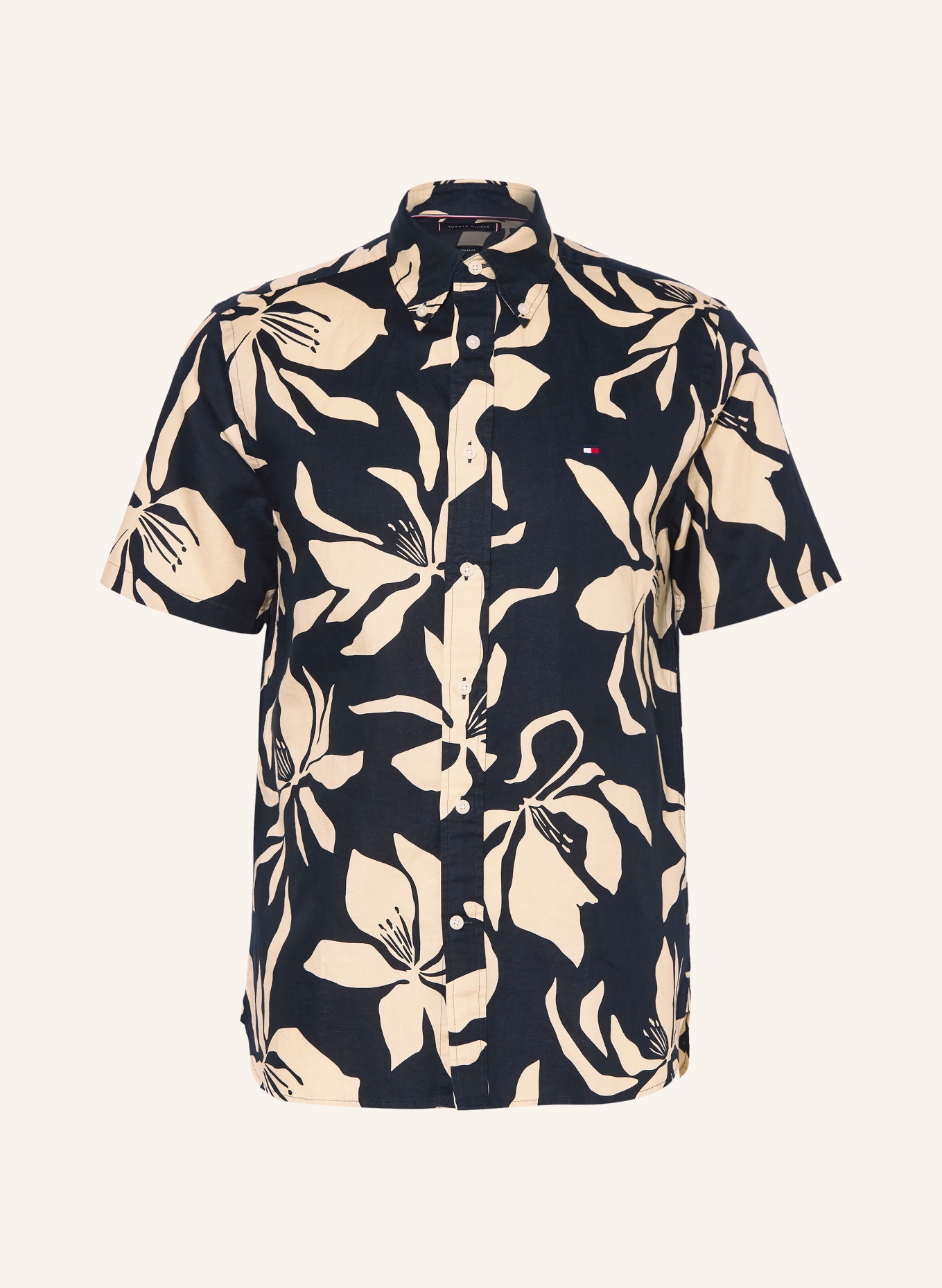TOMMY HILFIGER Košile s krátkým rukávem Regular Fit s lnem: TMAVĚ MODRÁ / REŽNÁ
