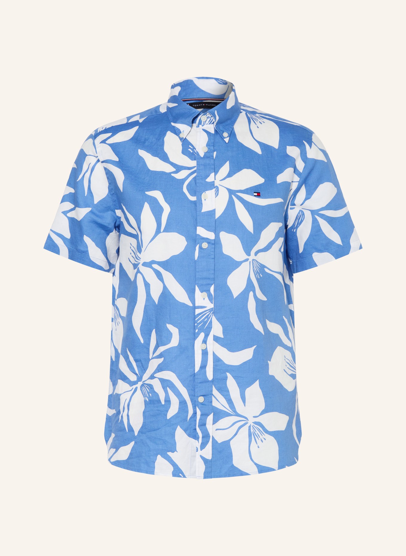 TOMMY HILFIGER Košile s krátkým rukávem Regular Fit s lnem: MODRÁ / BÍLÁ