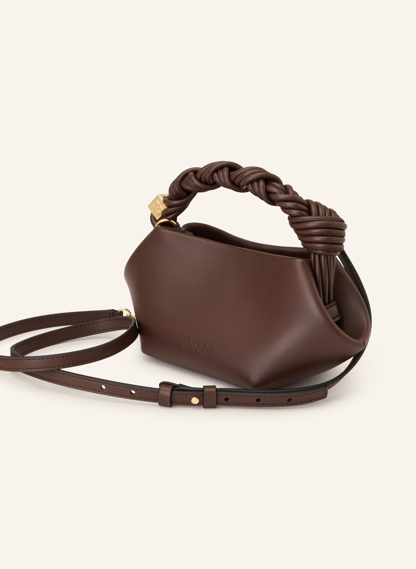 GANNI Taška přes rameno BOU BAG MINI: TMAVĚ HNĚDÁ / ZLATÁ