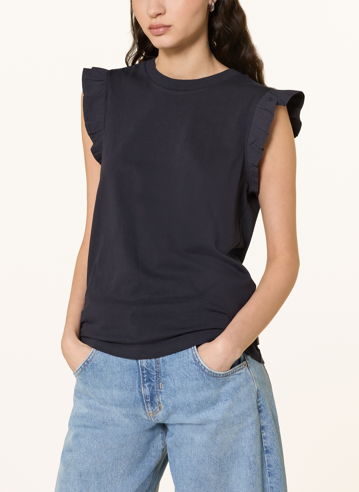 Marc O'Polo DENIM Top s volánky: TMAVĚ MODRÁ