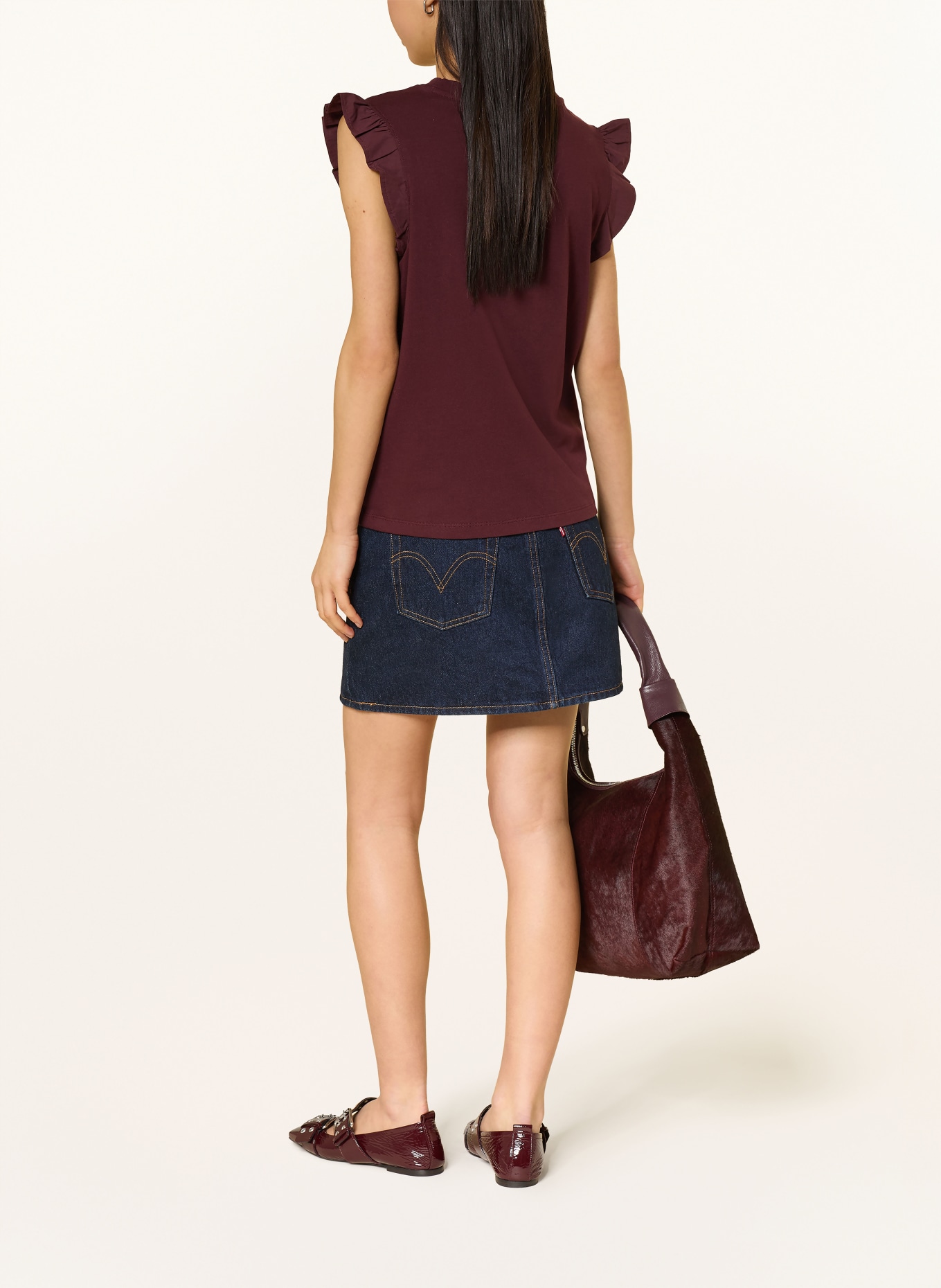 Marc O'Polo DENIM Top s volánky: TMAVĚ ČERVENÁ