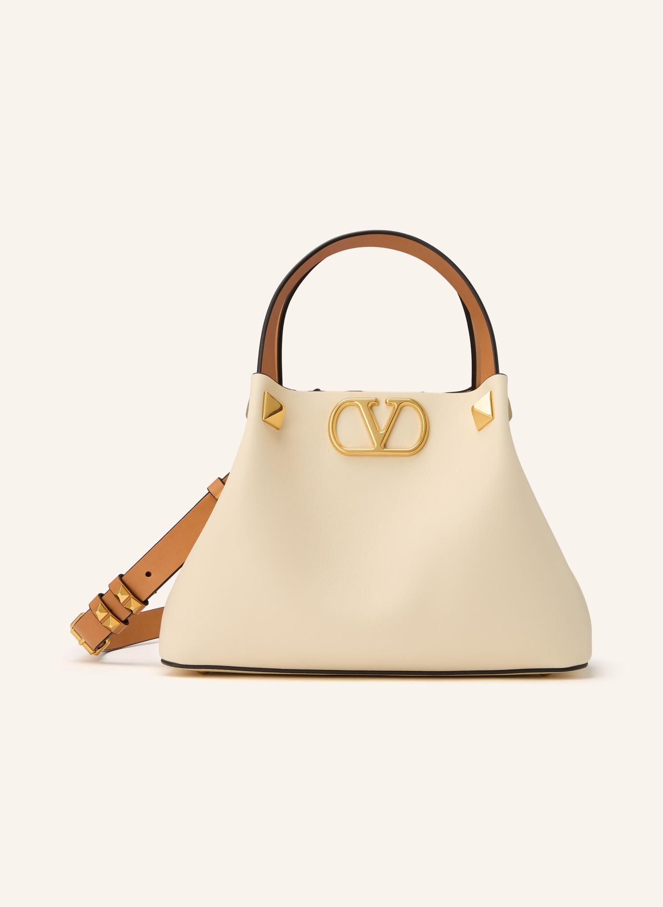 VALENTINO GARAVANI Handtasche VLOGO SIGNATURE SMALL mit Nieten: CREME / CAMEL