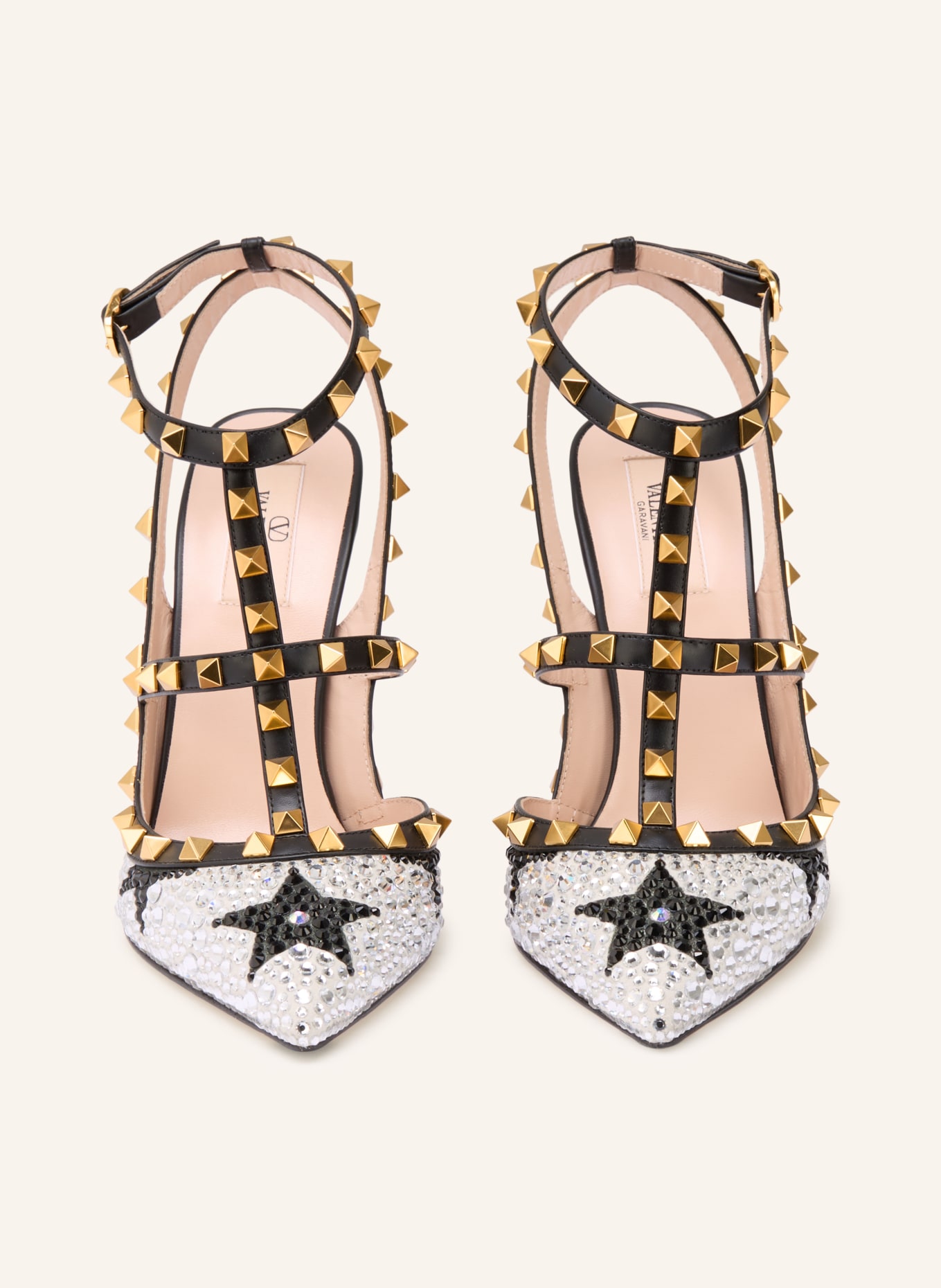 VALENTINO GARAVANI Slingpumps ROCKSTUD mit Schmucksteinen und Nieten: SCHWARZ / GOLD / CREME
