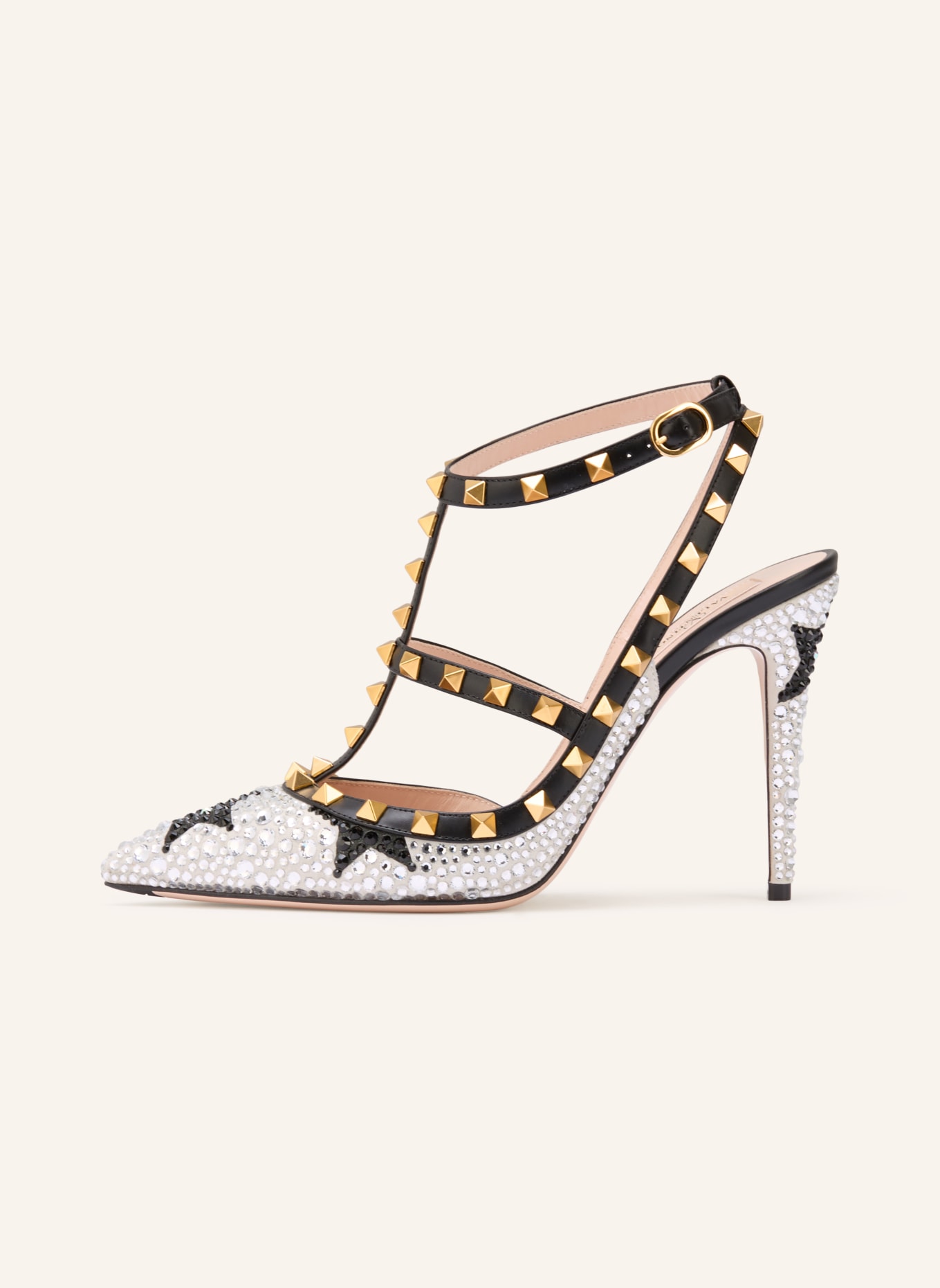 VALENTINO GARAVANI Slingpumps ROCKSTUD mit Schmucksteinen und Nieten: SCHWARZ / GOLD / CREME