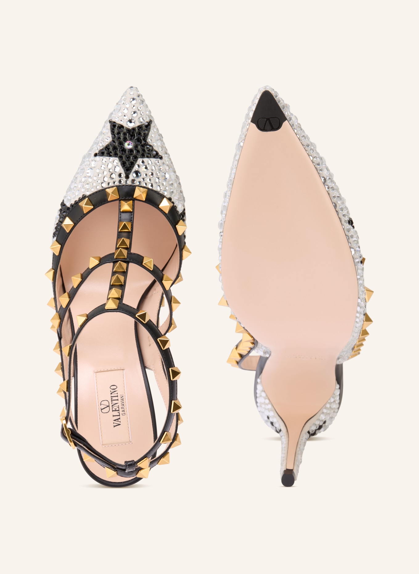VALENTINO GARAVANI Slingpumps ROCKSTUD mit Schmucksteinen und Nieten: SCHWARZ / GOLD / CREME
