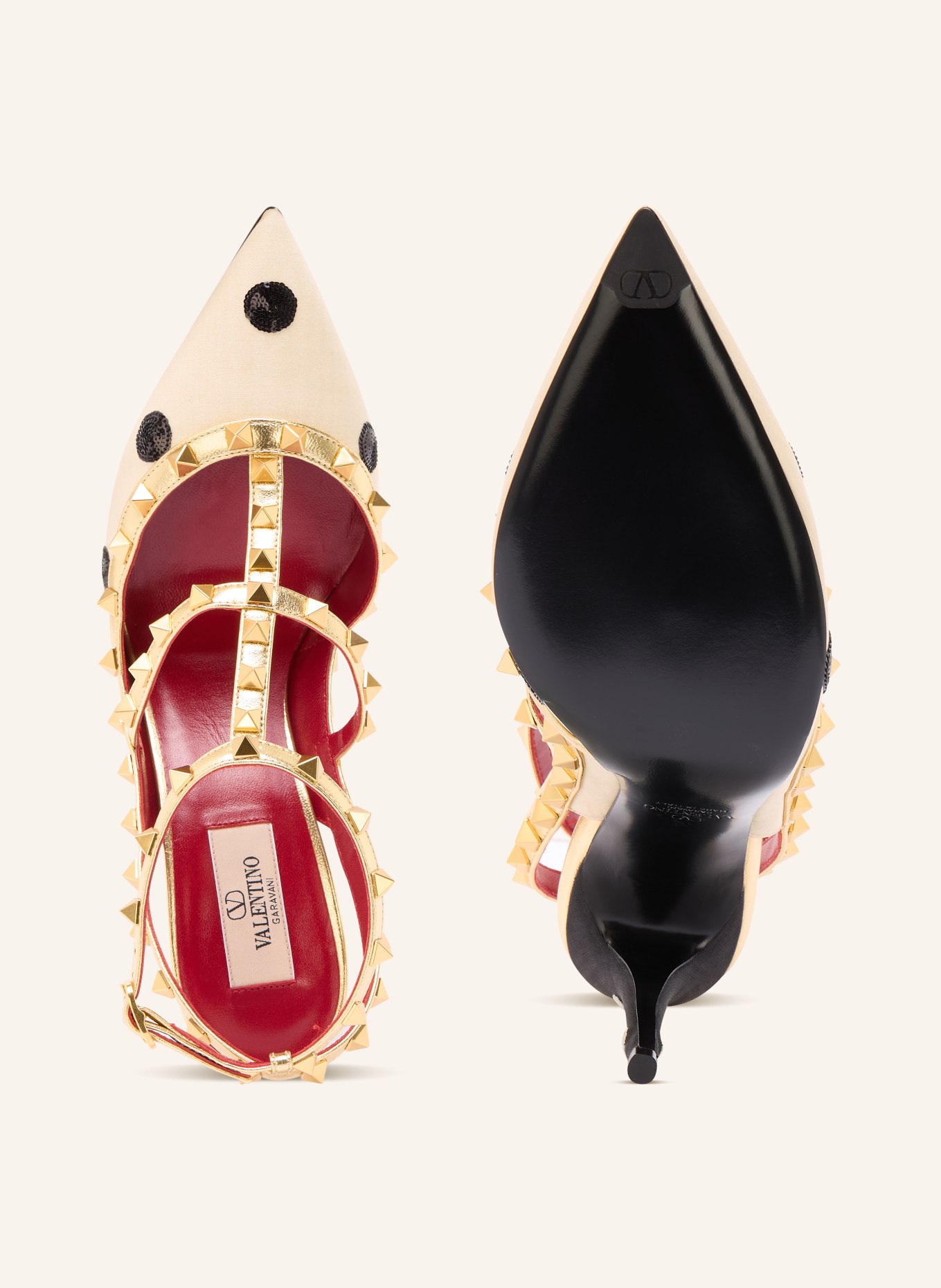 VALENTINO GARAVANI Slingpumps ROCKSTUD z ćwiekami i cekinami: BEŻOWY / ZŁOTY / CZARNY