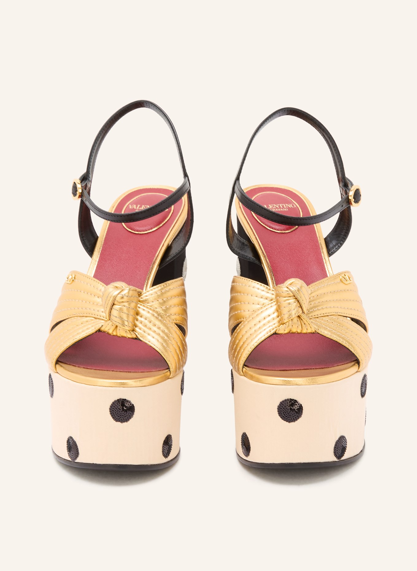 VALENTINO GARAVANI Plateau-Sandaletten mit Pailletten: GOLD / CREME / SCHWARZ