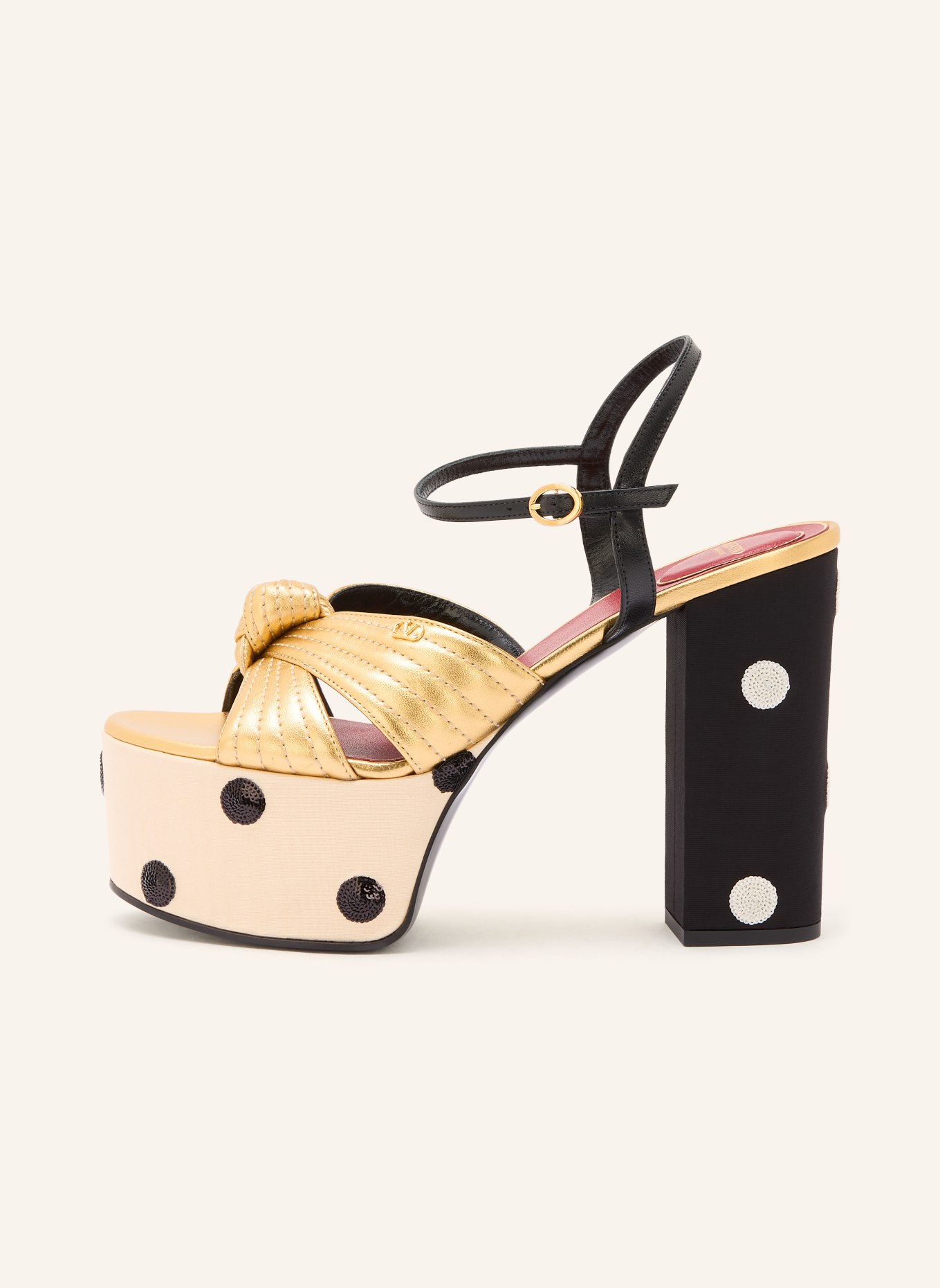 VALENTINO GARAVANI Plateau-Sandaletten mit Pailletten: GOLD / CREME / SCHWARZ