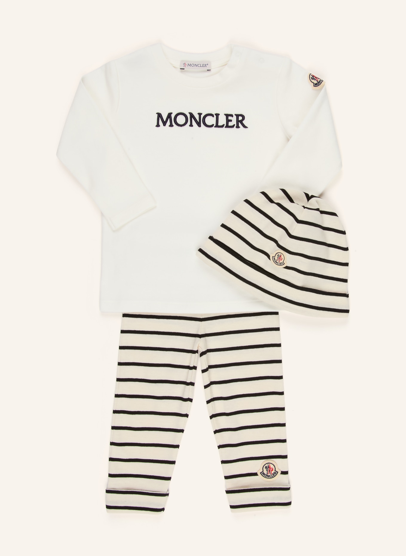 MONCLER enfant Set: Hose, Longsleeve und Mütze: CREME / SCHWARZ
