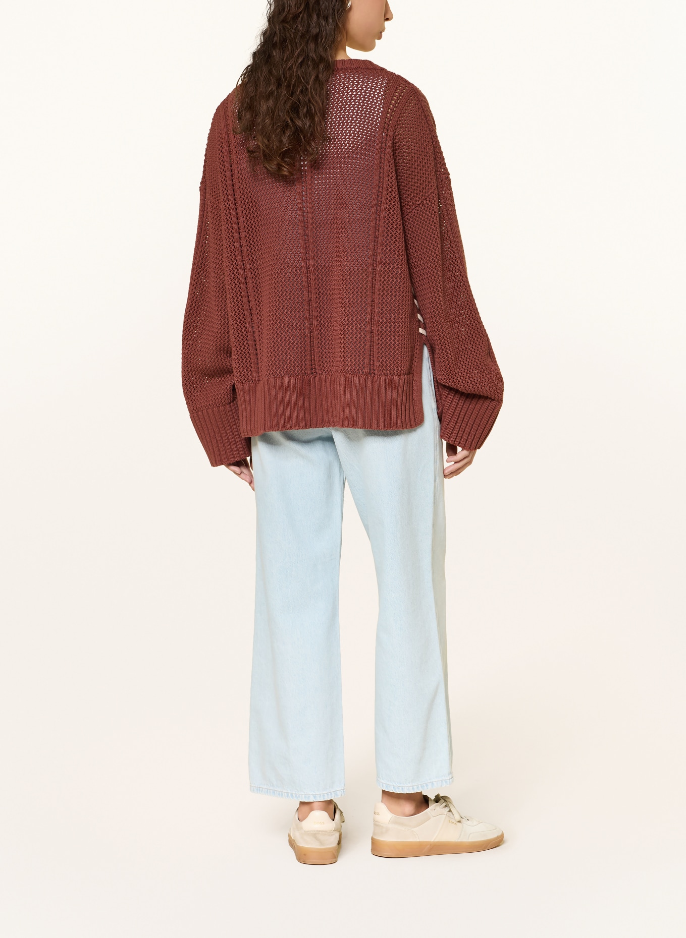 BOSS Oversized svetr FEVRAN: TMAVĚ ORANŽOVÁ / SVĚTLE RŮŽOVÁ