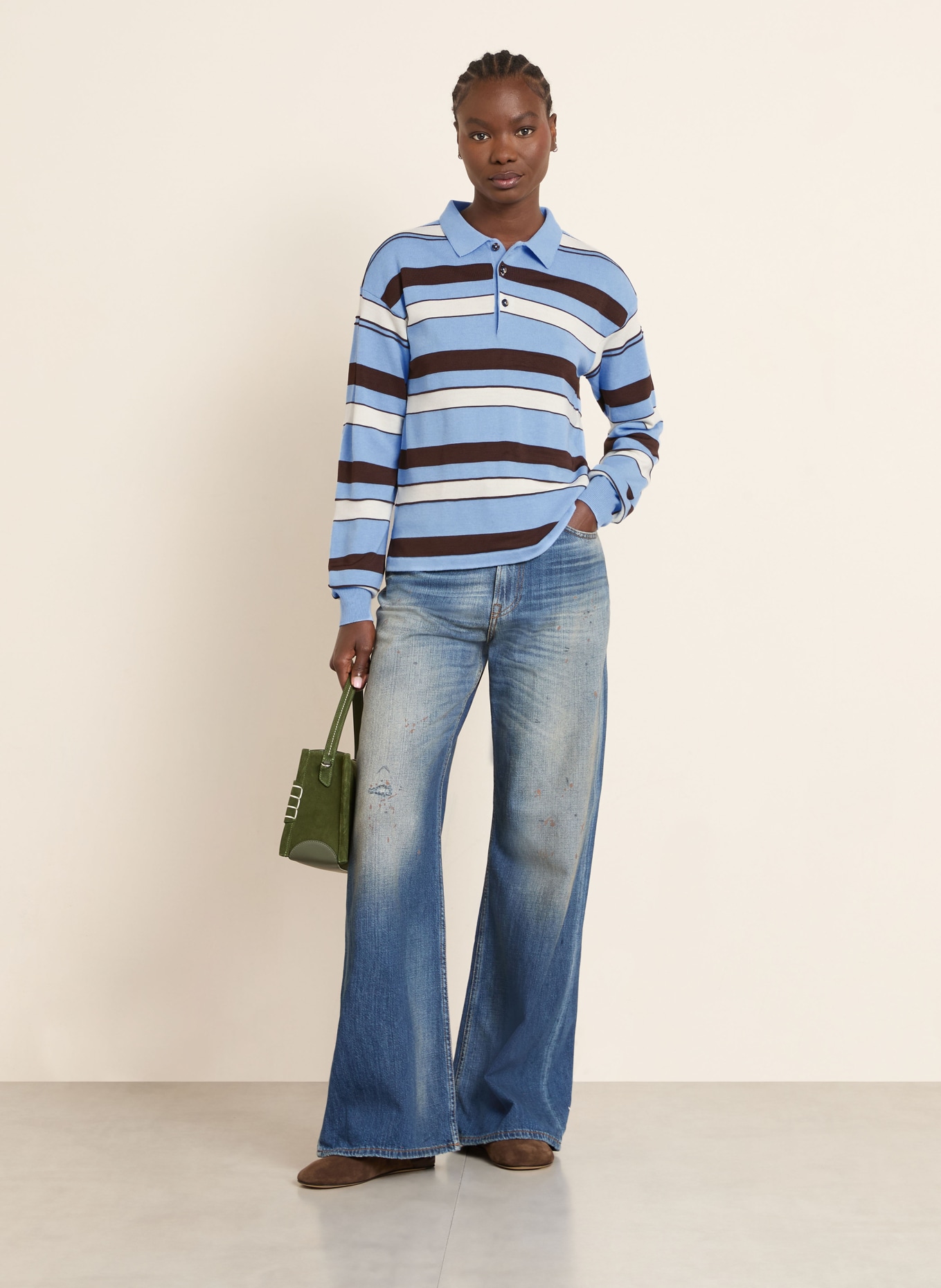 JW ANDERSON Strick-Poloshirt: HELLBLAU / BRAUN / CREME