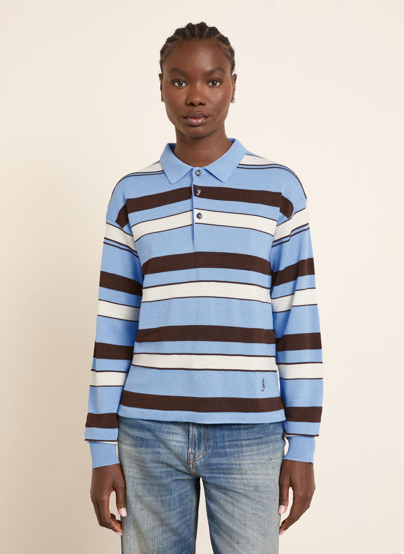 JW ANDERSON Strick-Poloshirt: HELLBLAU / BRAUN / CREME