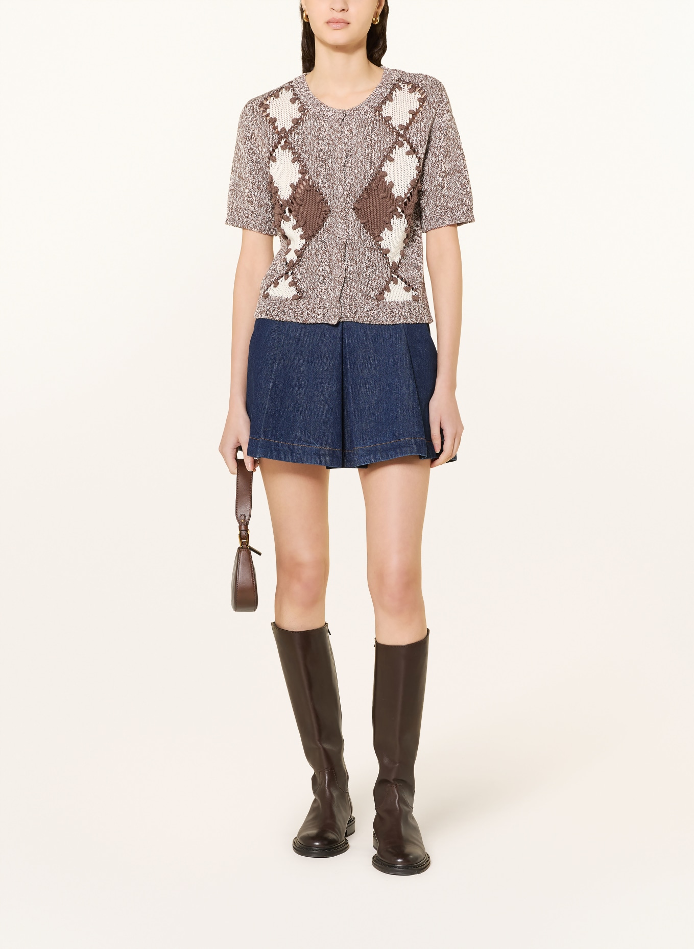 MOS MOSH Strickjacke MMELIO mit Leinen: DUNKELBRAUN / CREME