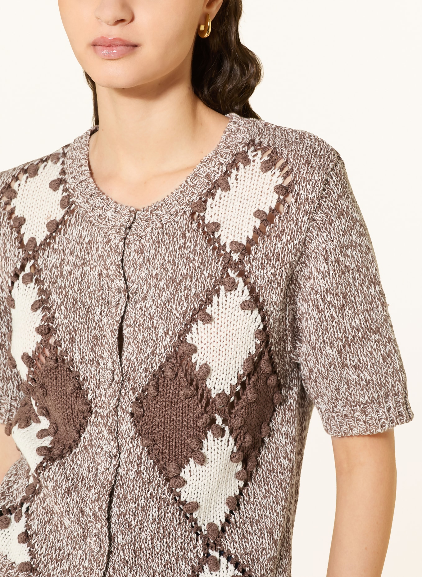 MOS MOSH Strickjacke MMELIO mit Leinen: DUNKELBRAUN / CREME