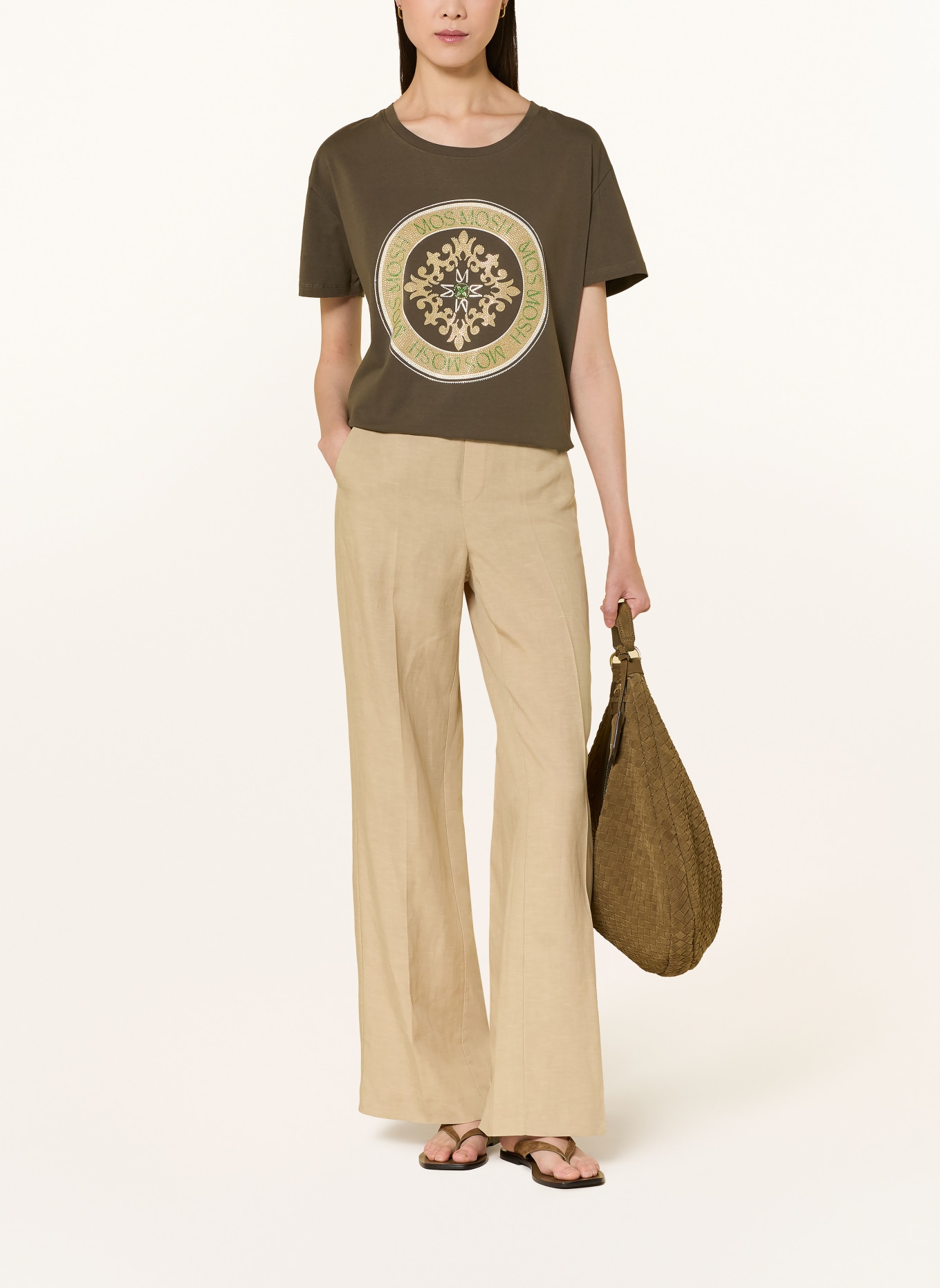 MOS MOSH Tričko MMJUDD s ozdobnými kameny: TMAVĚ ZELENÁ / KHAKI / BÍLÁ