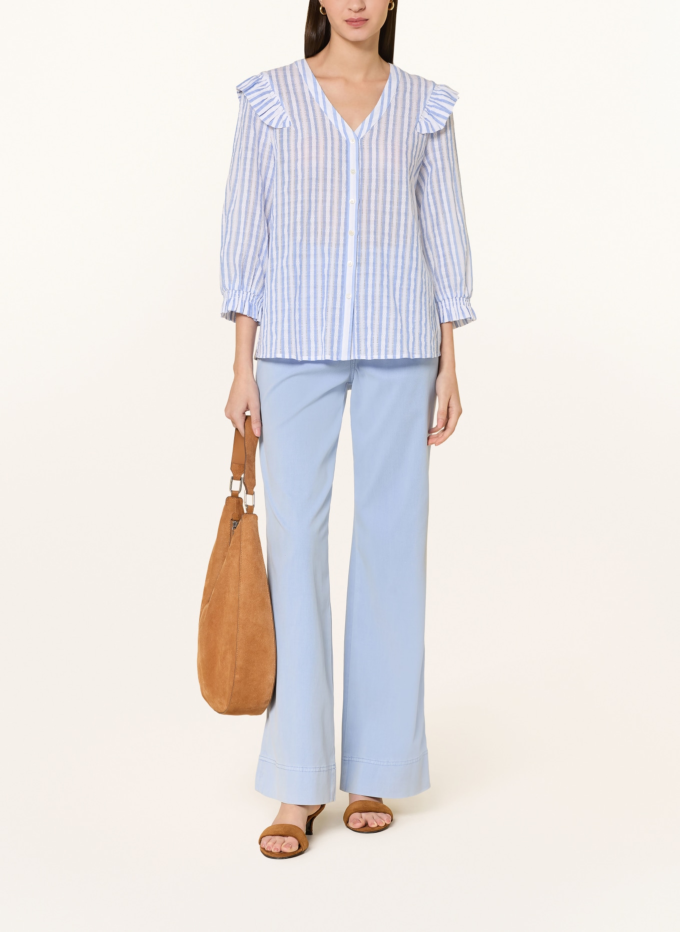 MOS MOSH Bluse MMDEBBY mit 3/4-Arm und Volants: HELLBLAU / WEISS