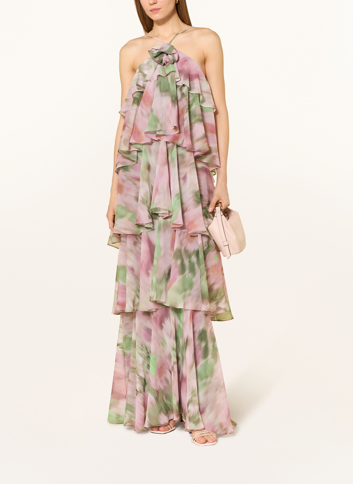 SWING Večerní šaty s volány: ZELENÁ / STARORŮŽOVÁ