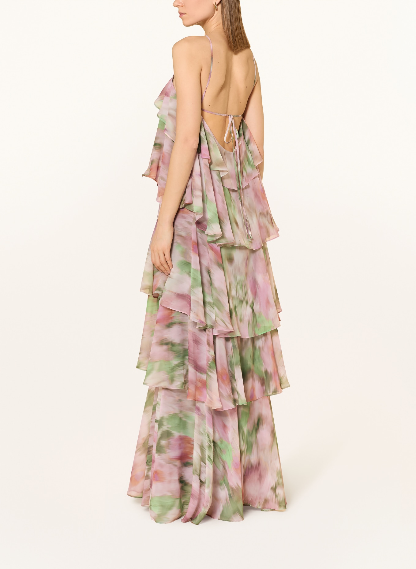 SWING Večerní šaty s volány: ZELENÁ / STARORŮŽOVÁ