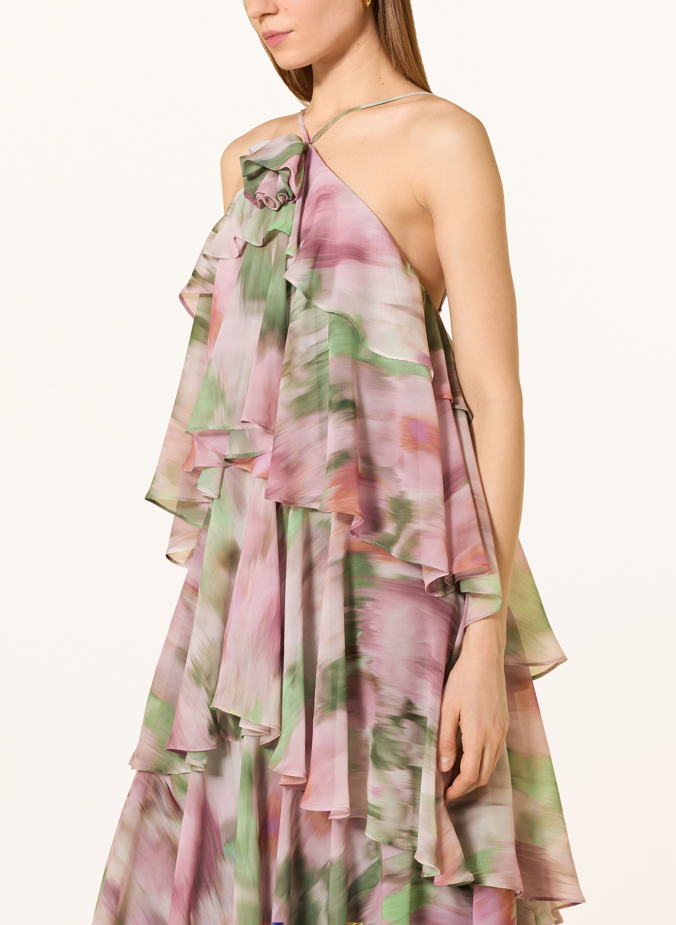 SWING Večerní šaty s volány: ZELENÁ / STARORŮŽOVÁ