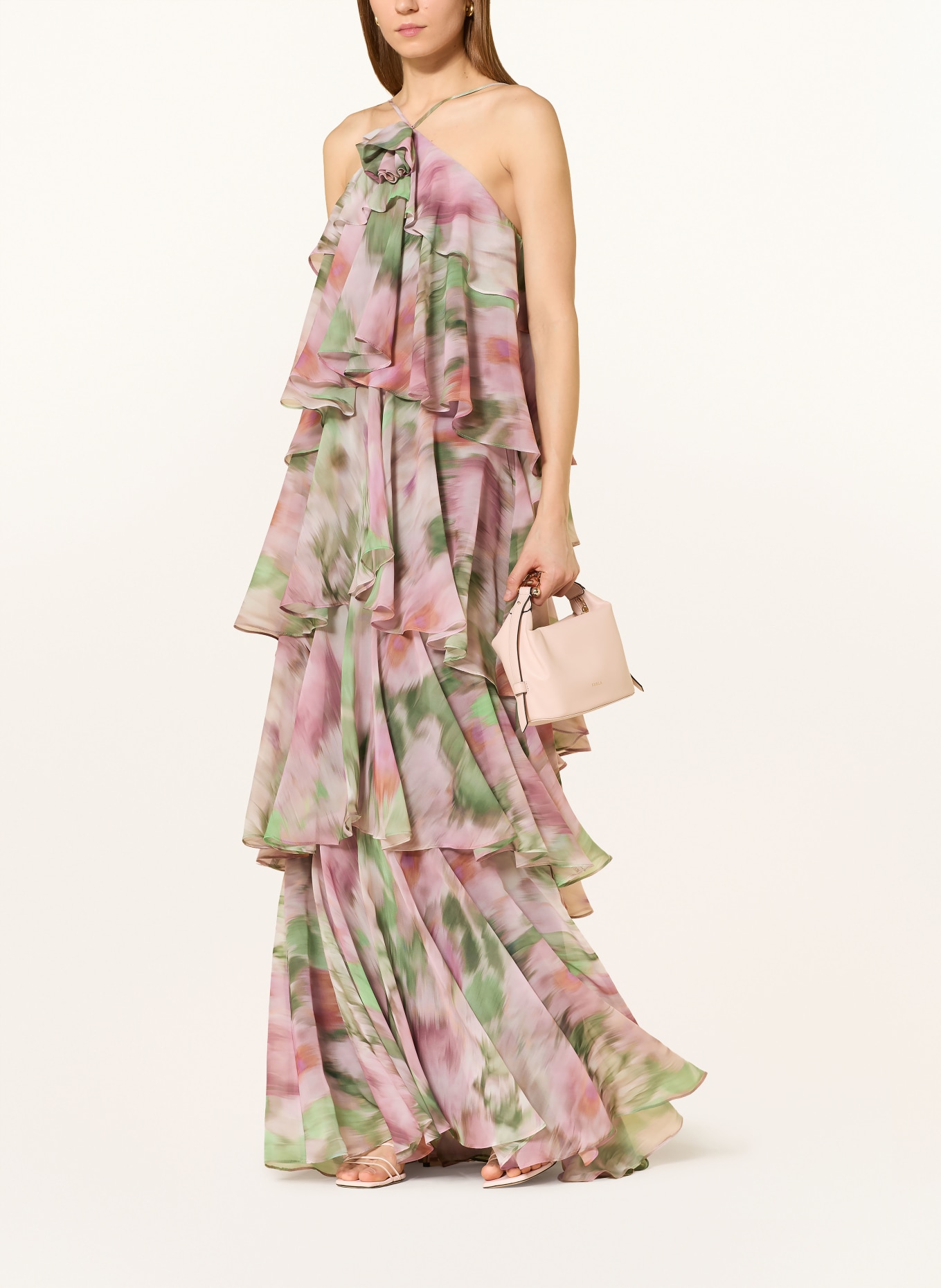 SWING Večerní šaty s volány: ZELENÁ / STARORŮŽOVÁ