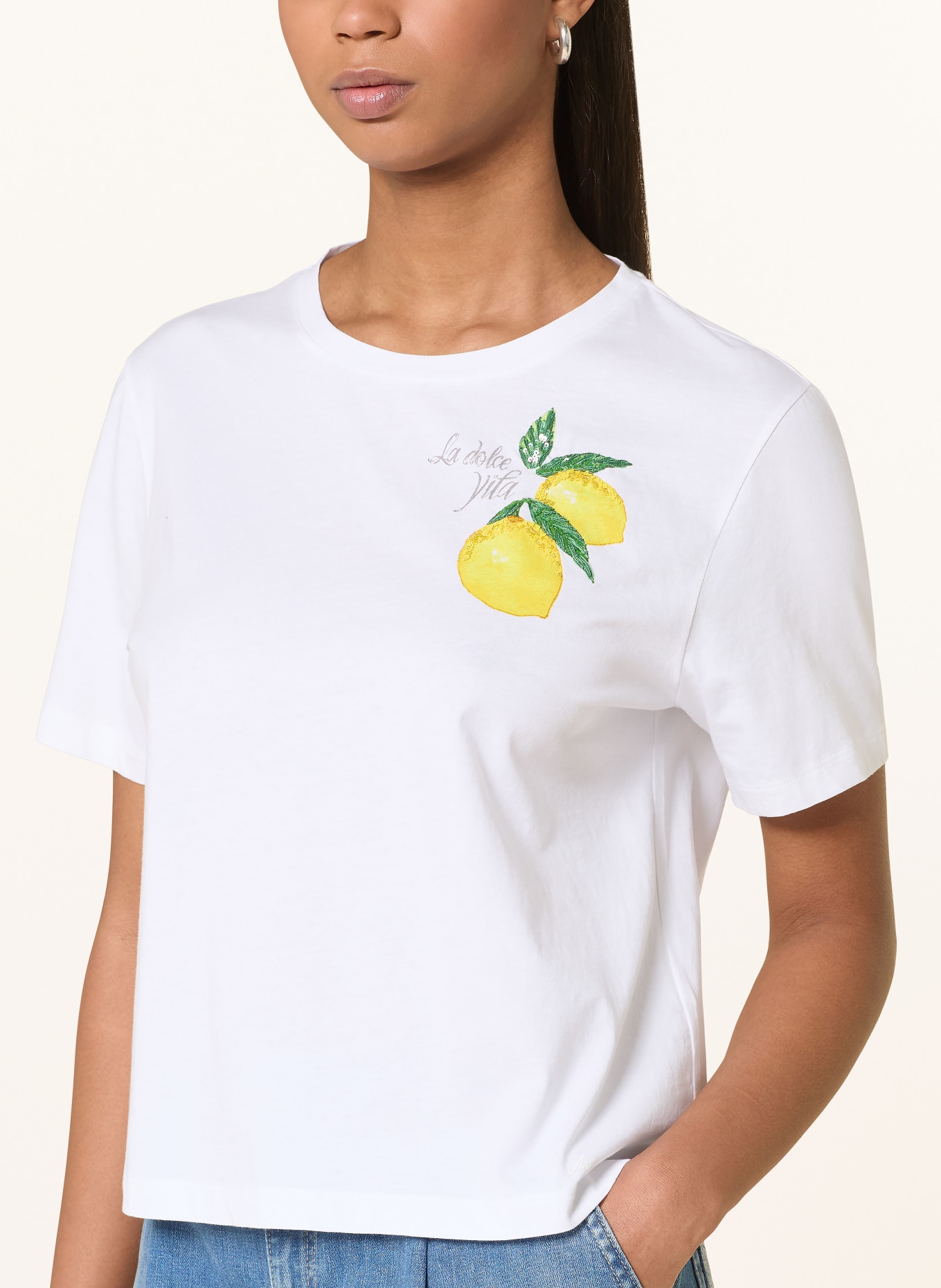 MARC CAIN T-Shirt mit Pailletten: 100 WHITE