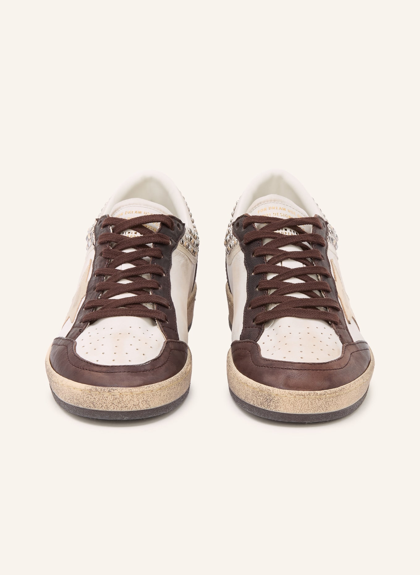 GOLDEN GOOSE Tenisky BALL STAR s ozdobnými perličkami: KRÉMOVÁ / STŘÍBRNÁ / TMAVĚ HNĚDÁ