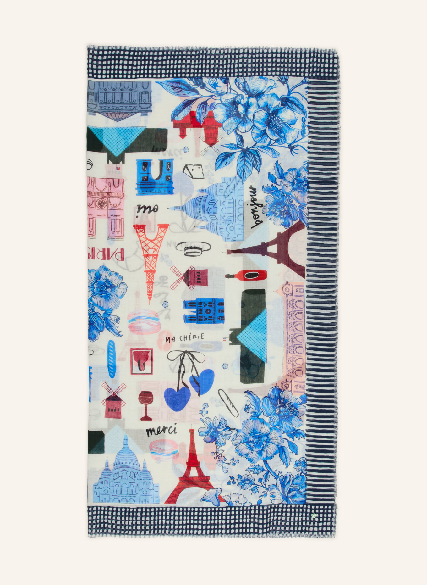 CODELLO szal: NIEBIESKI / ECRU / CIEMNOCZERWONY