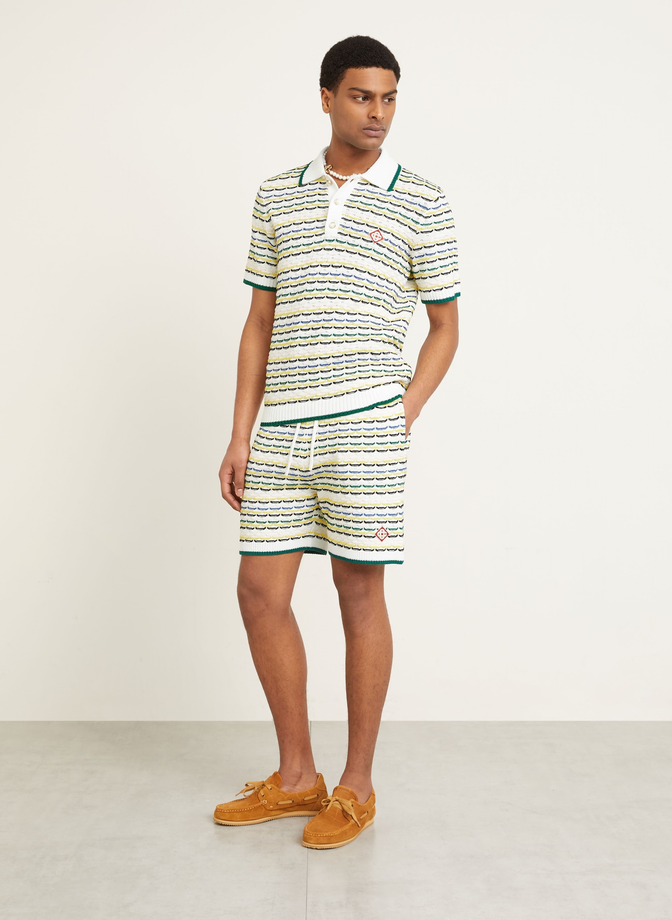 Casablanca Strick-Poloshirt: WEISS / GELB / DUNKELGRÜN