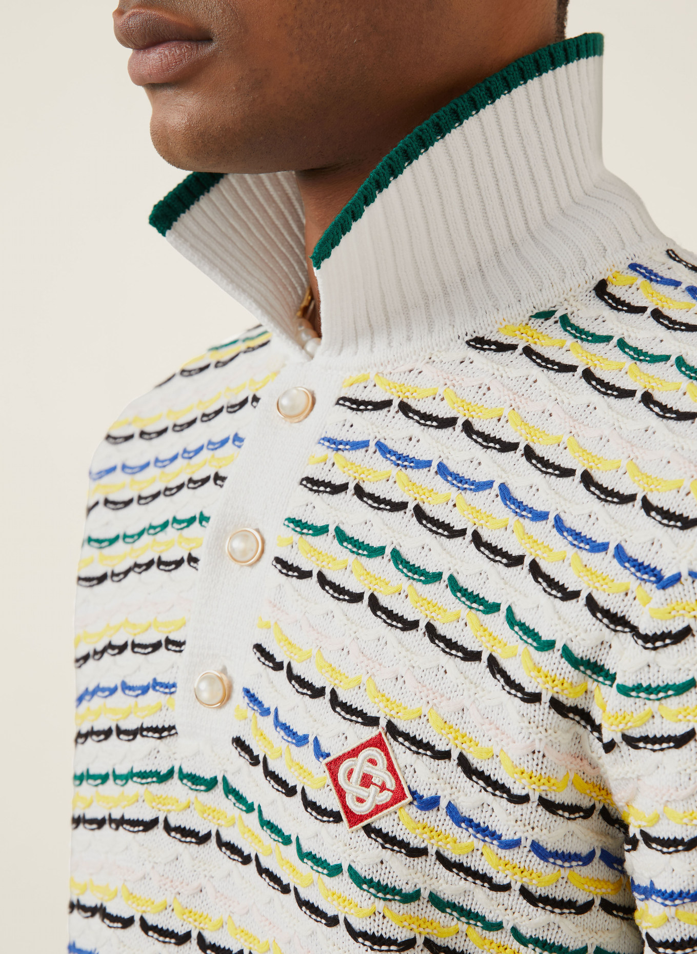 Casablanca Strick-Poloshirt: WEISS / GELB / DUNKELGRÜN