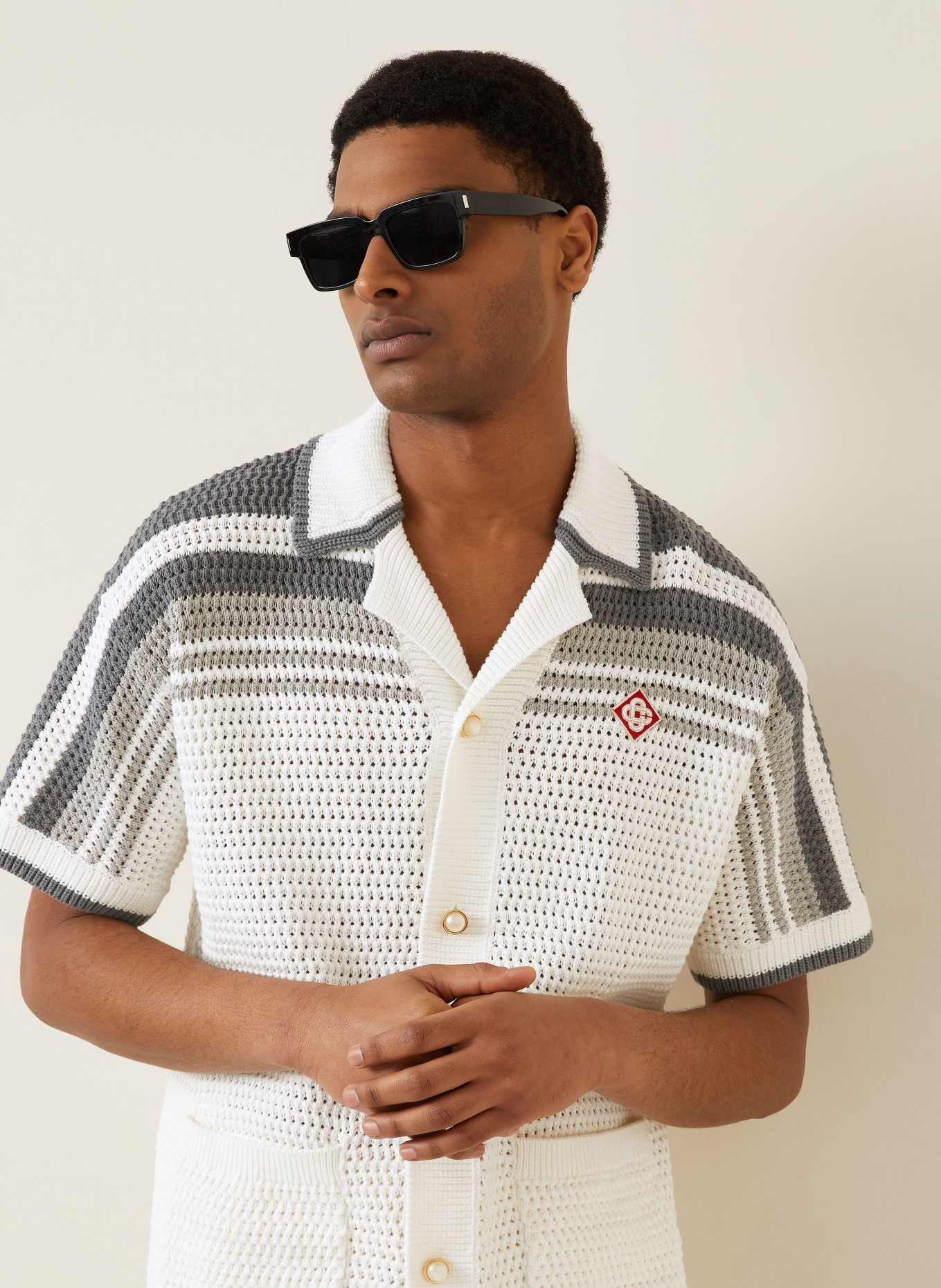 Casablanca Comfort Fit Knit Shirt: WHITE / GRAY